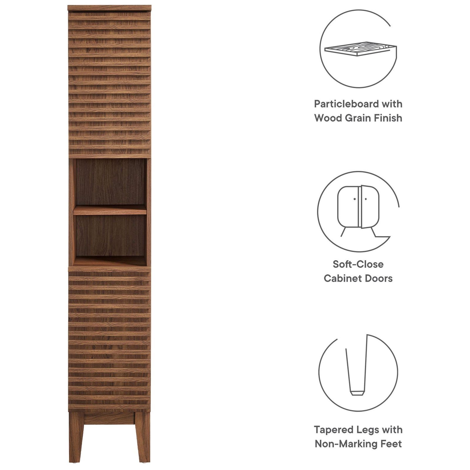 Durable particleboard with wood grain finish, soft-close doors, and non-marking tapered legs || EEI-6851-WAL || callout_studio
