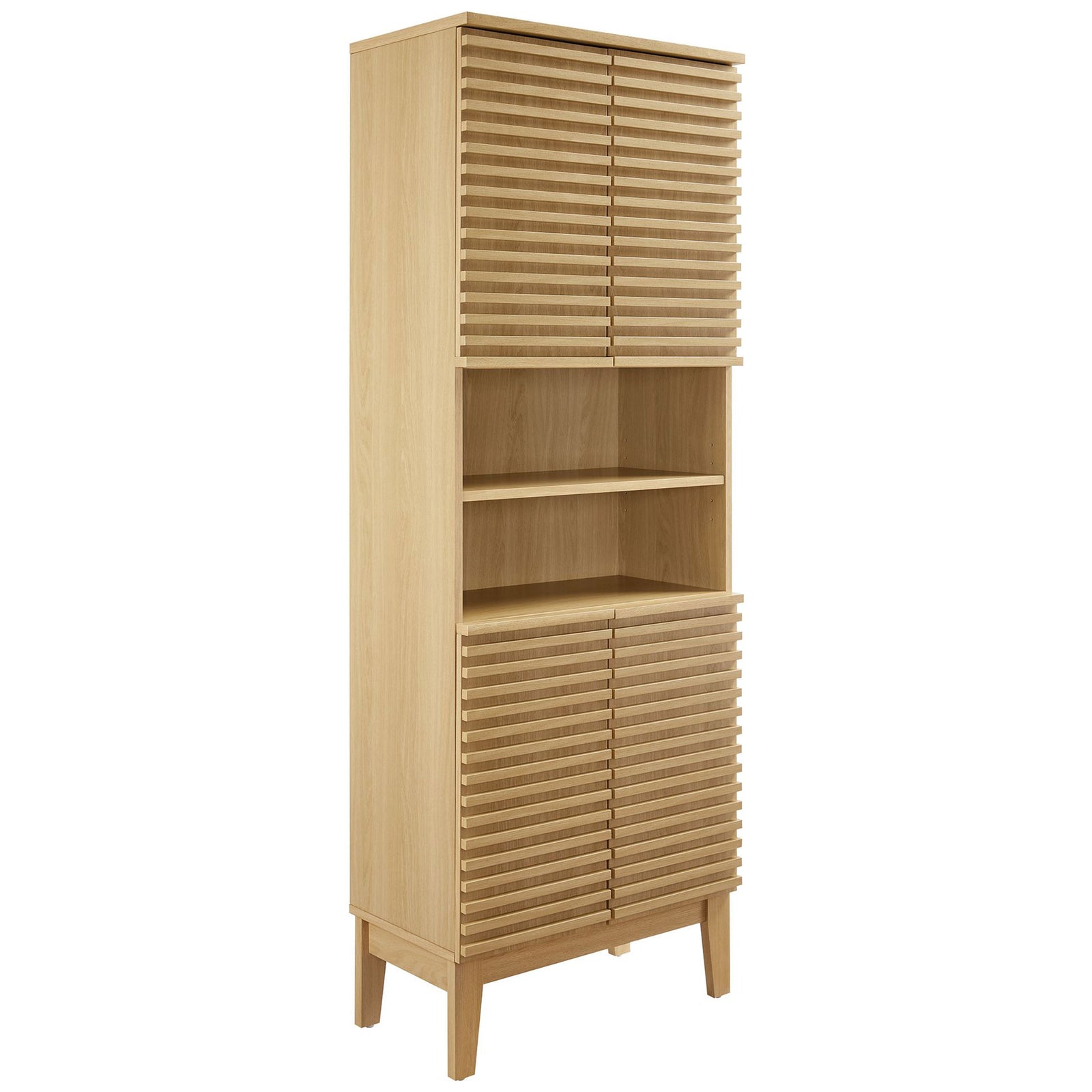 Mid-century oak storage cabinet with slatted doors, open center shelves, and tapered legs || EEI-6852-OAK || front_angle_studio