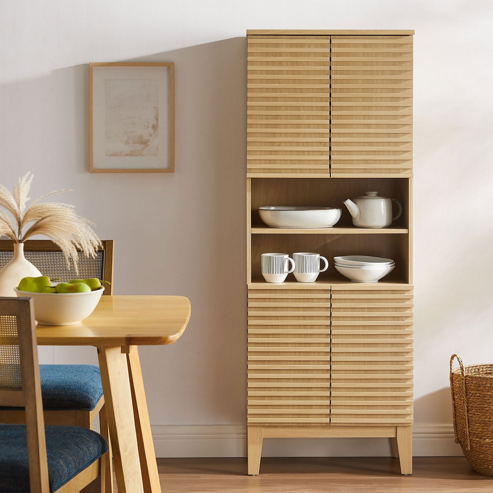 Versatile oak cabinet adds mid-century style with slatted doors and open display shelves || EEI-6852-OAK || front_angle_room