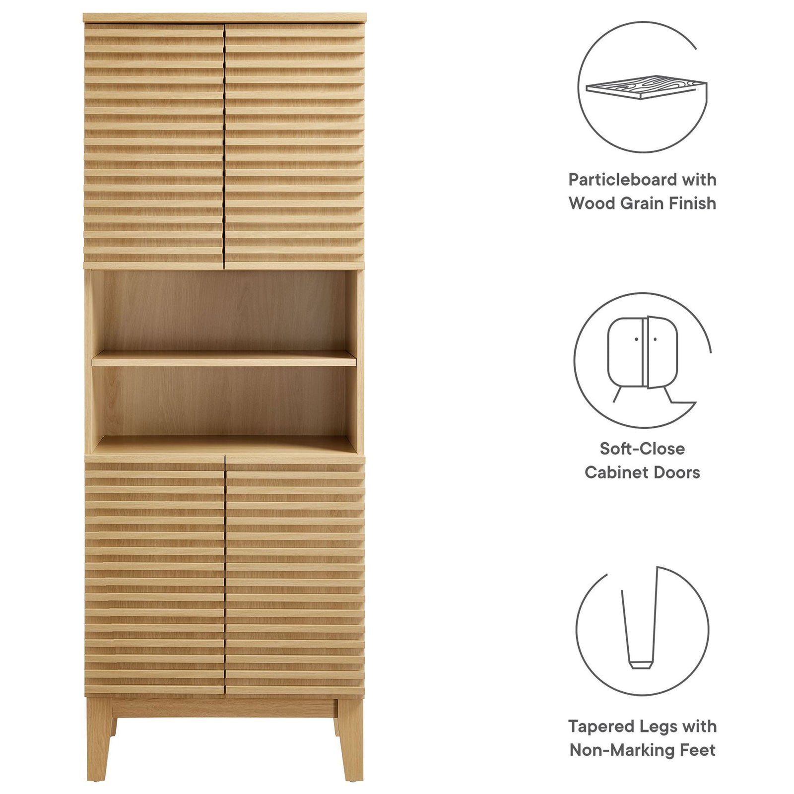 Wood grain finish, soft-close cabinet doors, and tapered legs with non-marking feet || EEI-6852-OAK || callout_studio