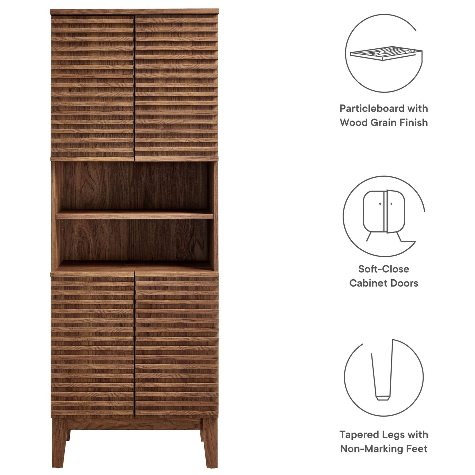 Durable wood grain laminate, soft-close doors, and tapered legs with floor-friendly glides || EEI-6852-WAL || callout_studio