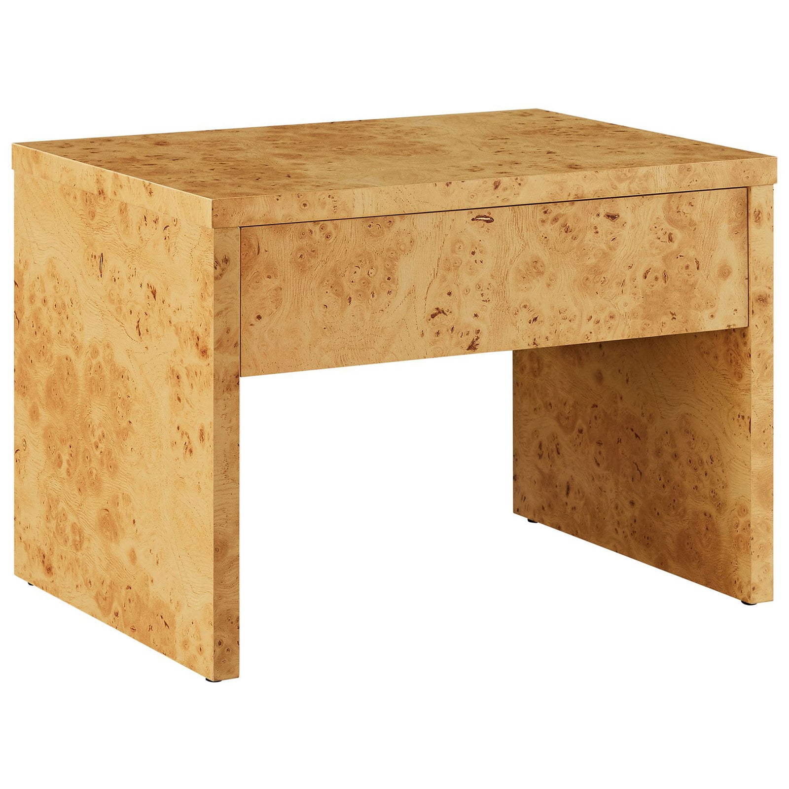 Hudson burl wood nightstand with sleek waterfall silhouette and seamless single drawer front || EEI-6855-BUR || front_angle_studio