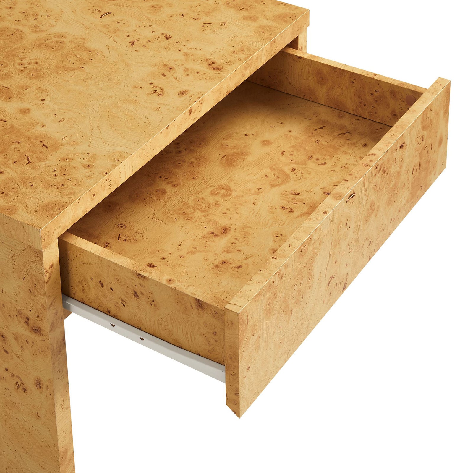 Spacious full-glide drawer reveals smooth burl wood interior for hidden bedside storage || EEI-6855-BUR || storage_open_studio