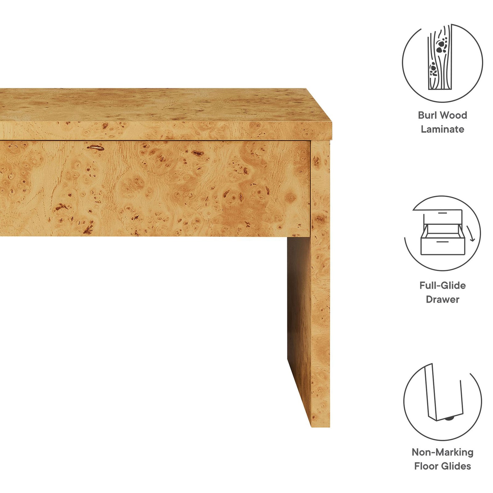 Hudson burl wood nightstand with icons highlighting laminate finish drawer glides and floor protection || EEI-6855-BUR || callout_studio