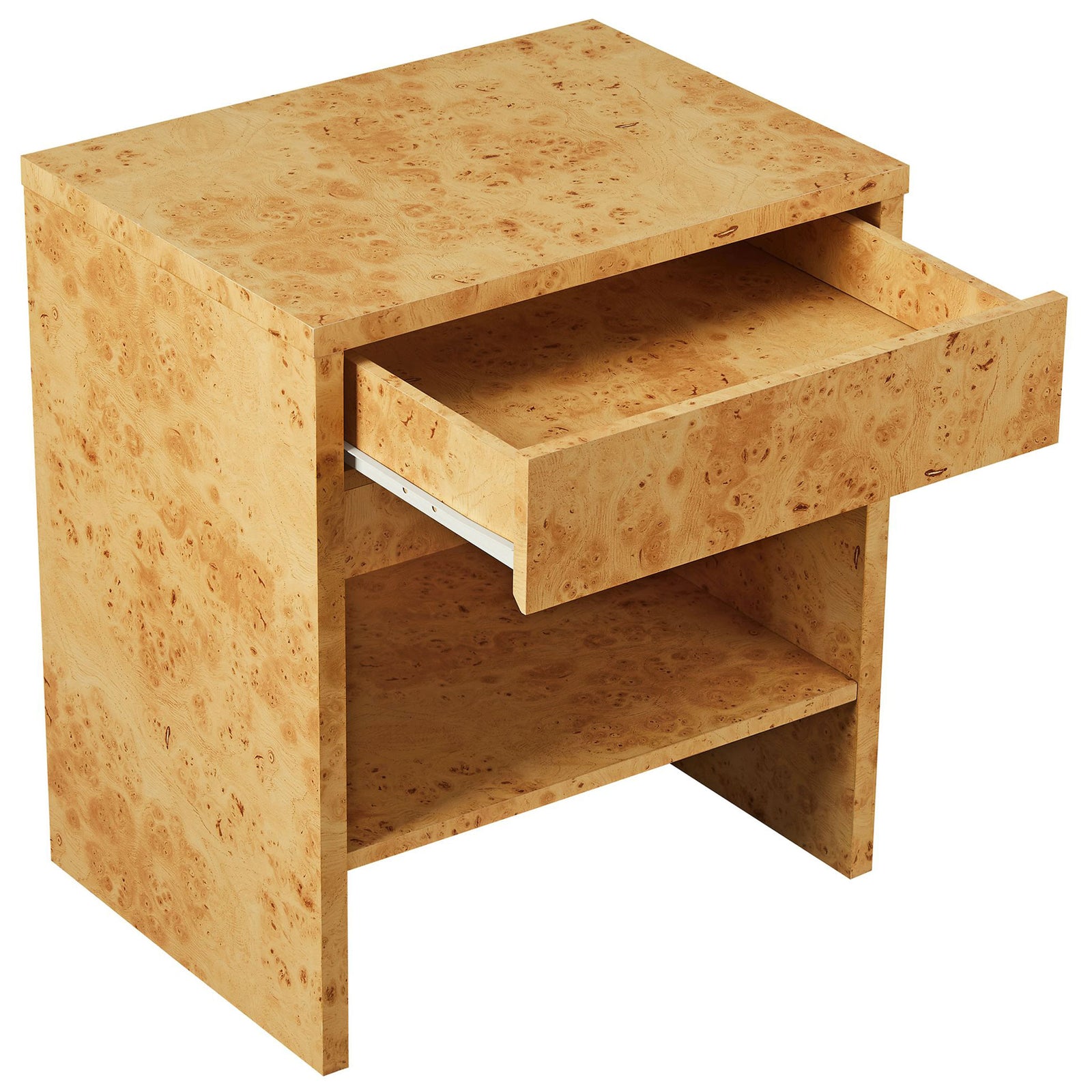 Hudson burl wood nightstand shown with drawer open, revealing smooth full-glide storage above a spacious shelf. || EEI-6856-BUR || front_angle_open_studio