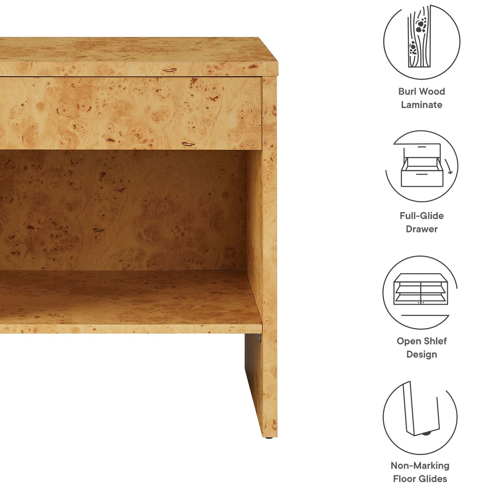 Hudson burl wood nightstand with icons calling out burl laminate, full-glide drawer, open shelf, and non-marking glides. || EEI-6856-BUR || callout_studio