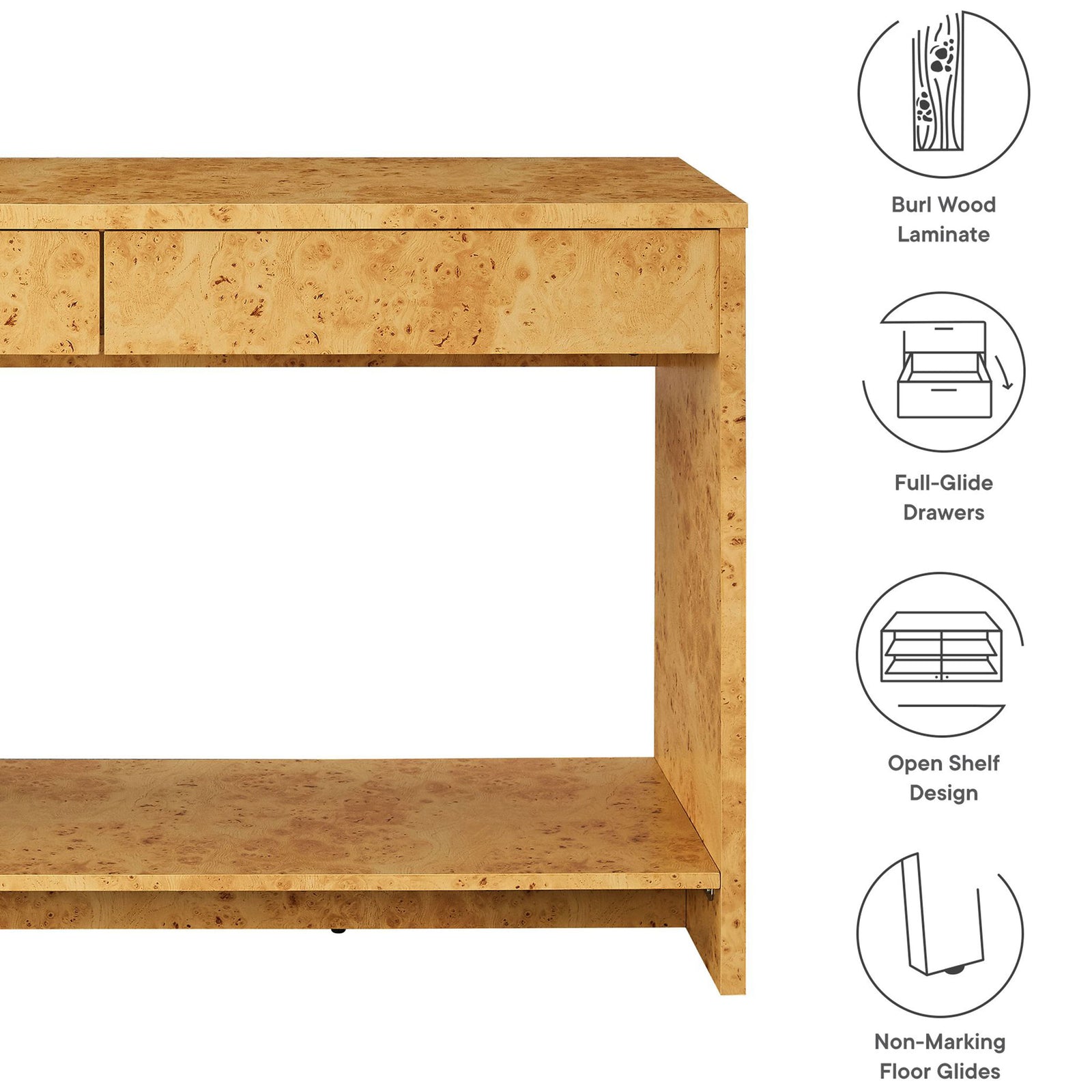 Feature highlights: burl wood laminate, full-glide drawers, open shelf, and floor-friendly glides || EEI-6857-BUR || callout_studio