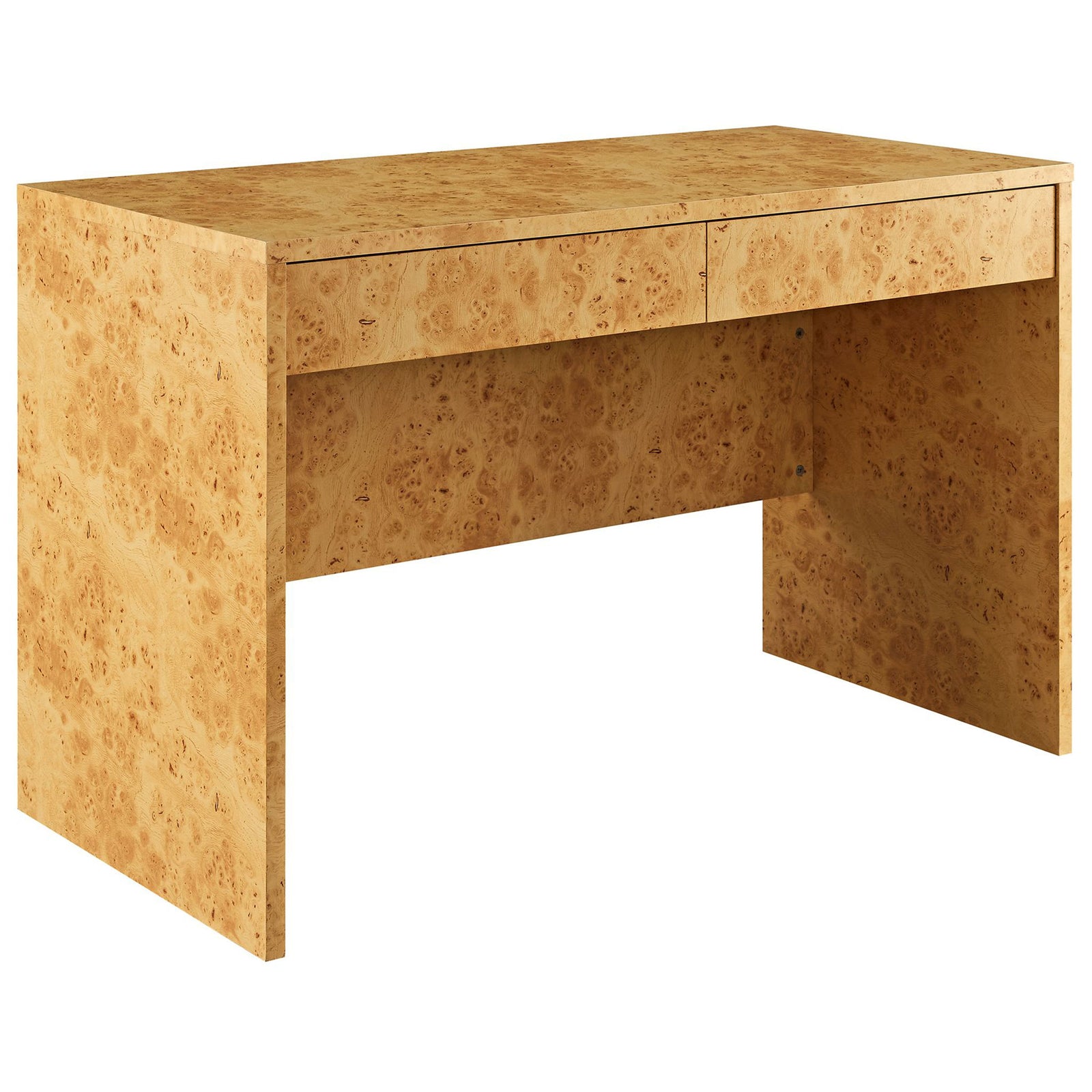 Warm burl wood finish highlights clean lines and dual drawers for everyday workspace essentials || EEI-6858-BUR || front_angle_studio
