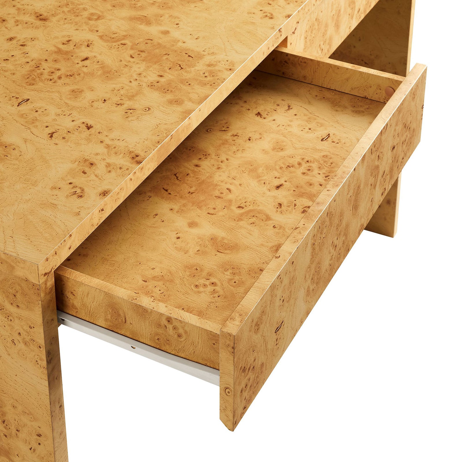 Full-glide drawers reveal organized storage with a seamless burl wood front || EEI-6858-BUR || storage_open_studio