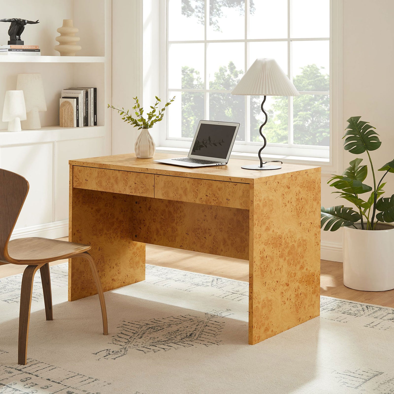 Modern burl wood desk elevates the home office with warm tone and mid-century inspiration || EEI-6858-BUR || front_angle_room