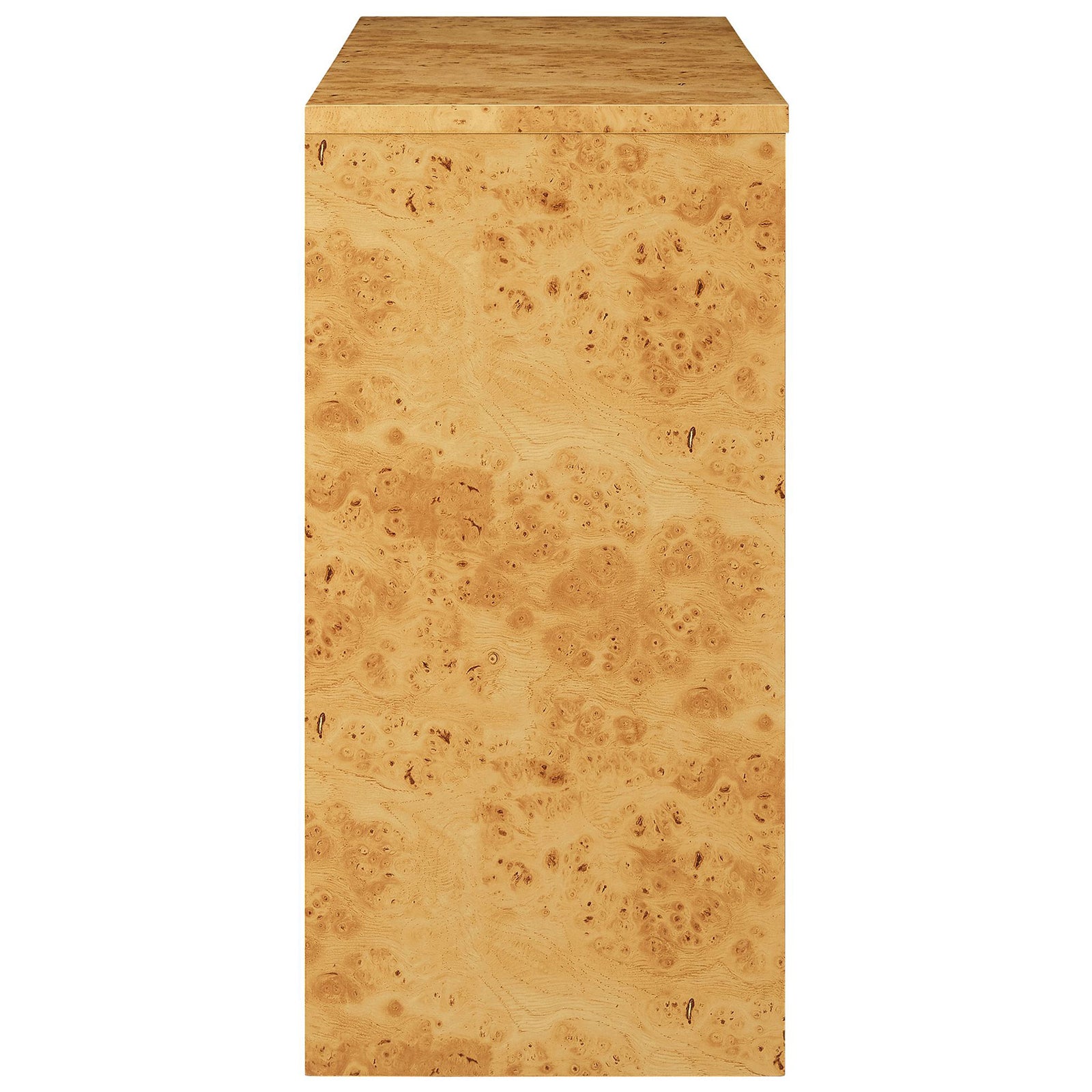 Streamlined profile of the Hudson burl wood sideboard showcasing its sleek waterfall-style edges. || EEI-6859-BUR || side_studio