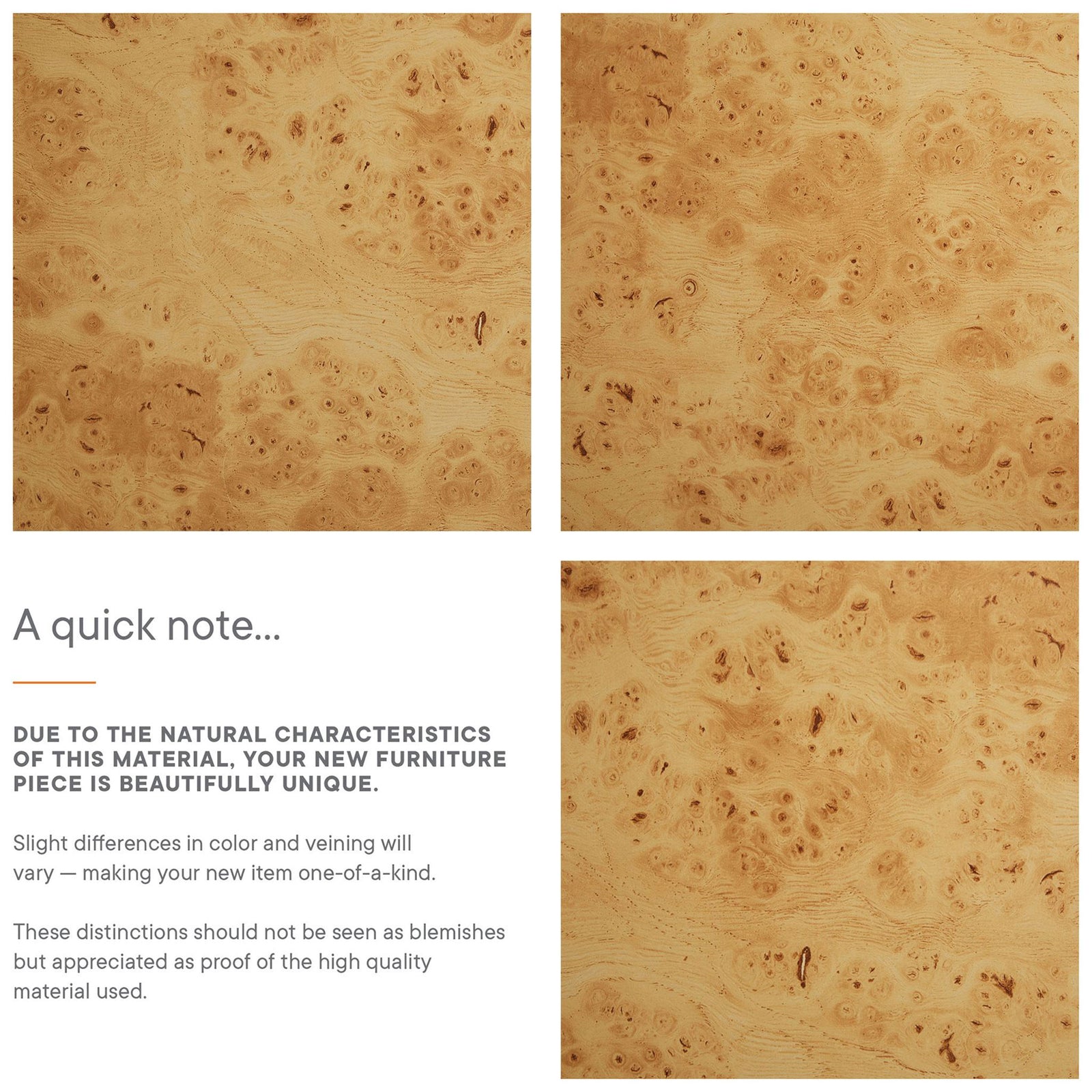 Natural burl wood variations make each Hudson sideboard unique, with beautiful organic swirls and knots. || EEI-6859-BUR || callout_studio