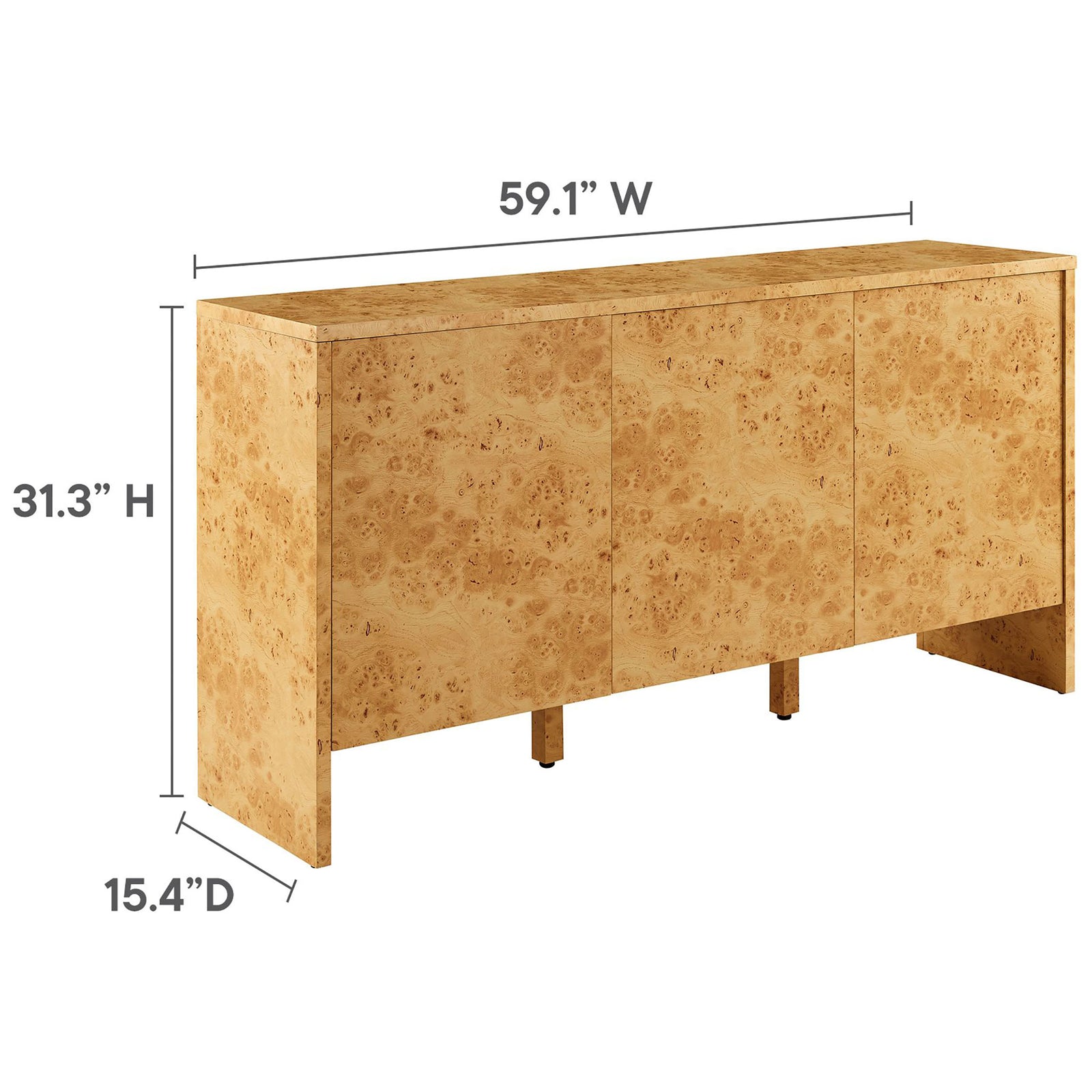 Hudson burl wood sideboard with overlay showing overall width, height, and depth dimensions || EEI-6860-BUR || dimension_studio