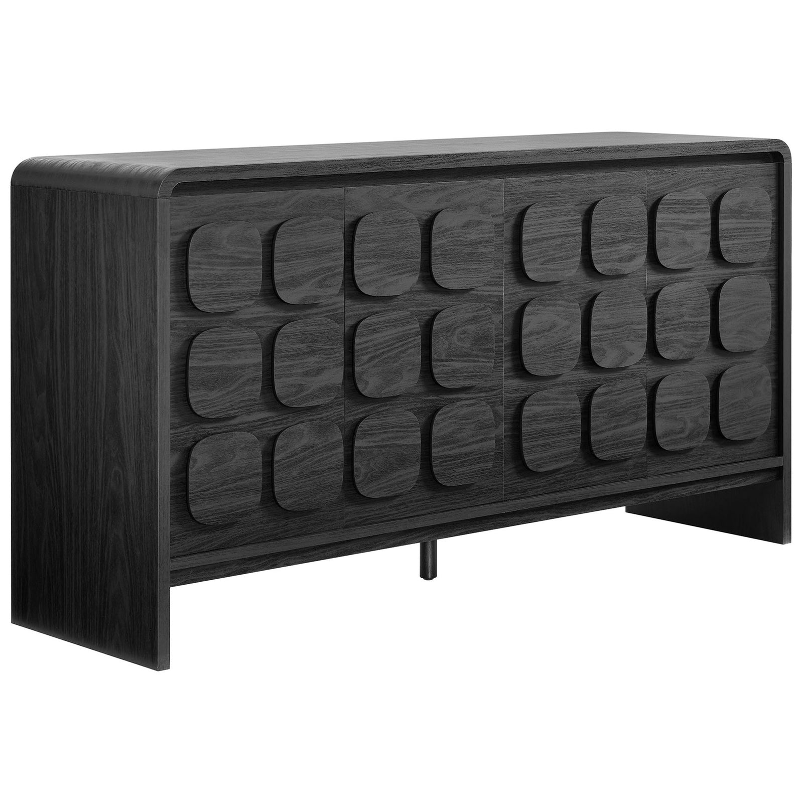 Sleek black sideboard with rounded waterfall corners and rich wood grain texture on the doors and frame || EEI-6862-BLK || front_angle_studio