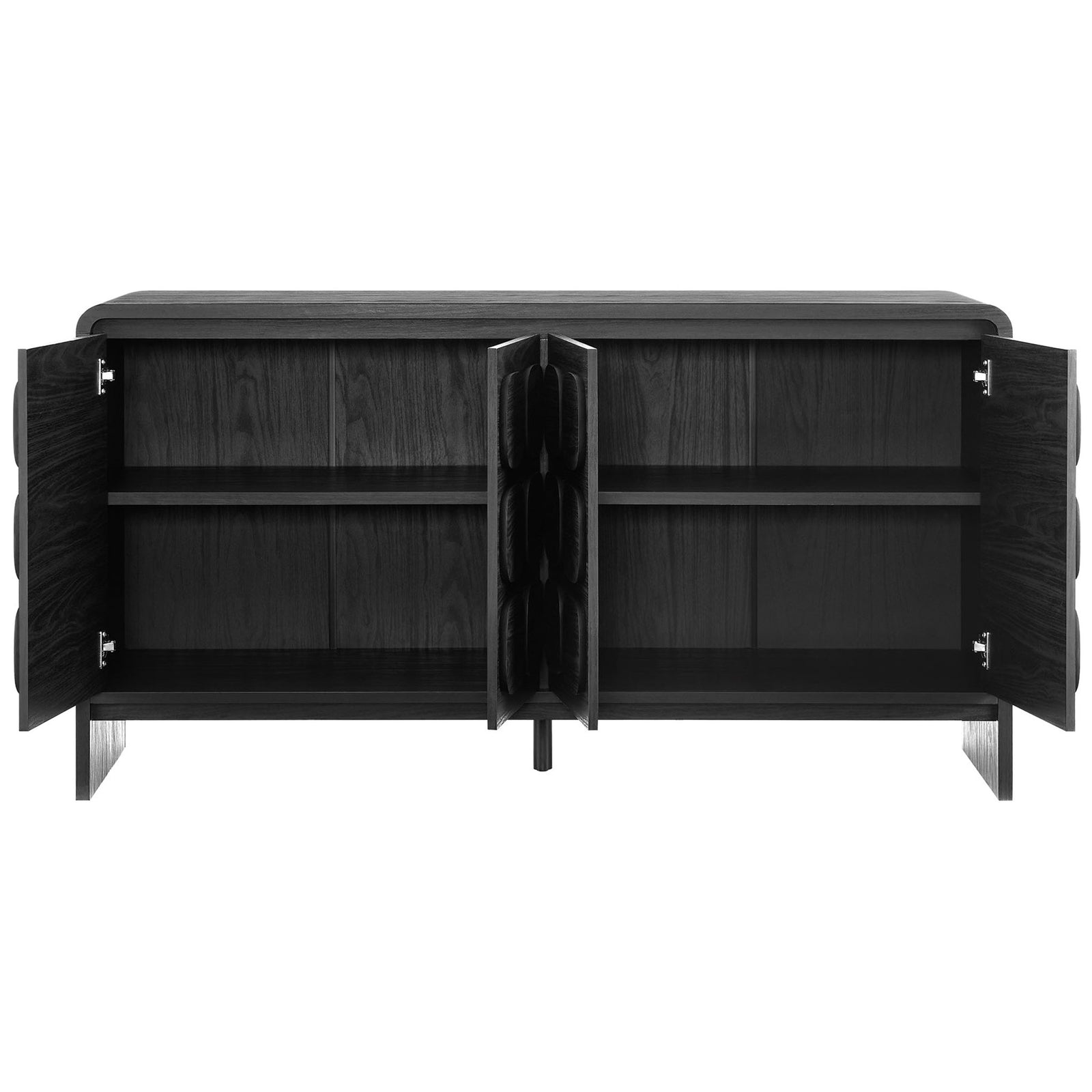 Spacious black sideboard revealing adjustable interior shelves behind four rounded pattern doors || EEI-6862-BLK || front_open_studio