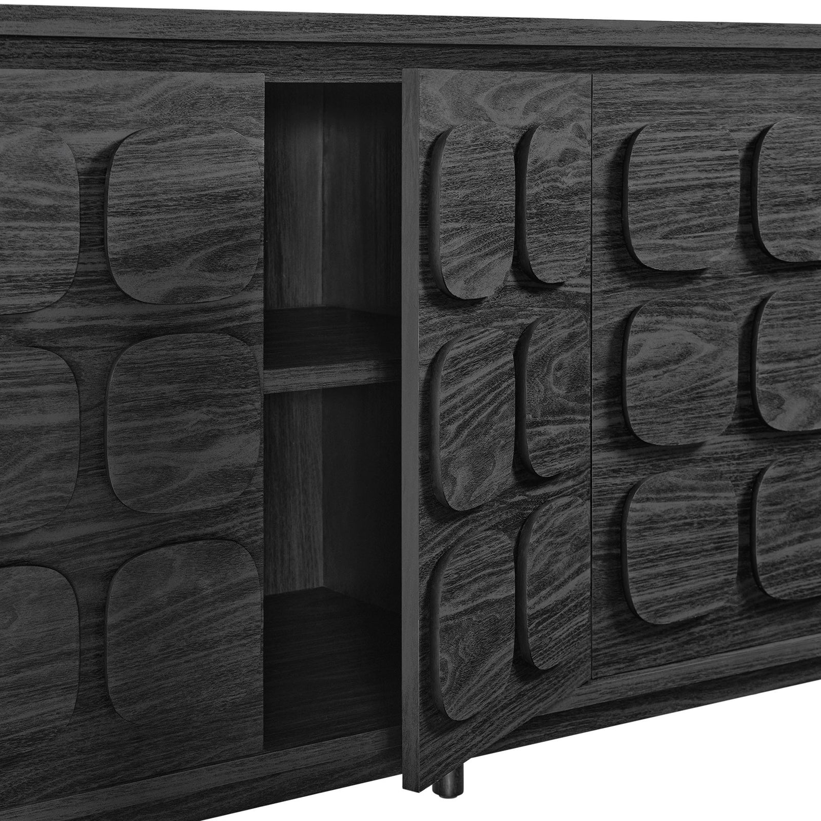 Inside view of black sideboard cabinet showing spacious shelving for dishes, serveware, or media storage || EEI-6862-BLK || storage_open_studio