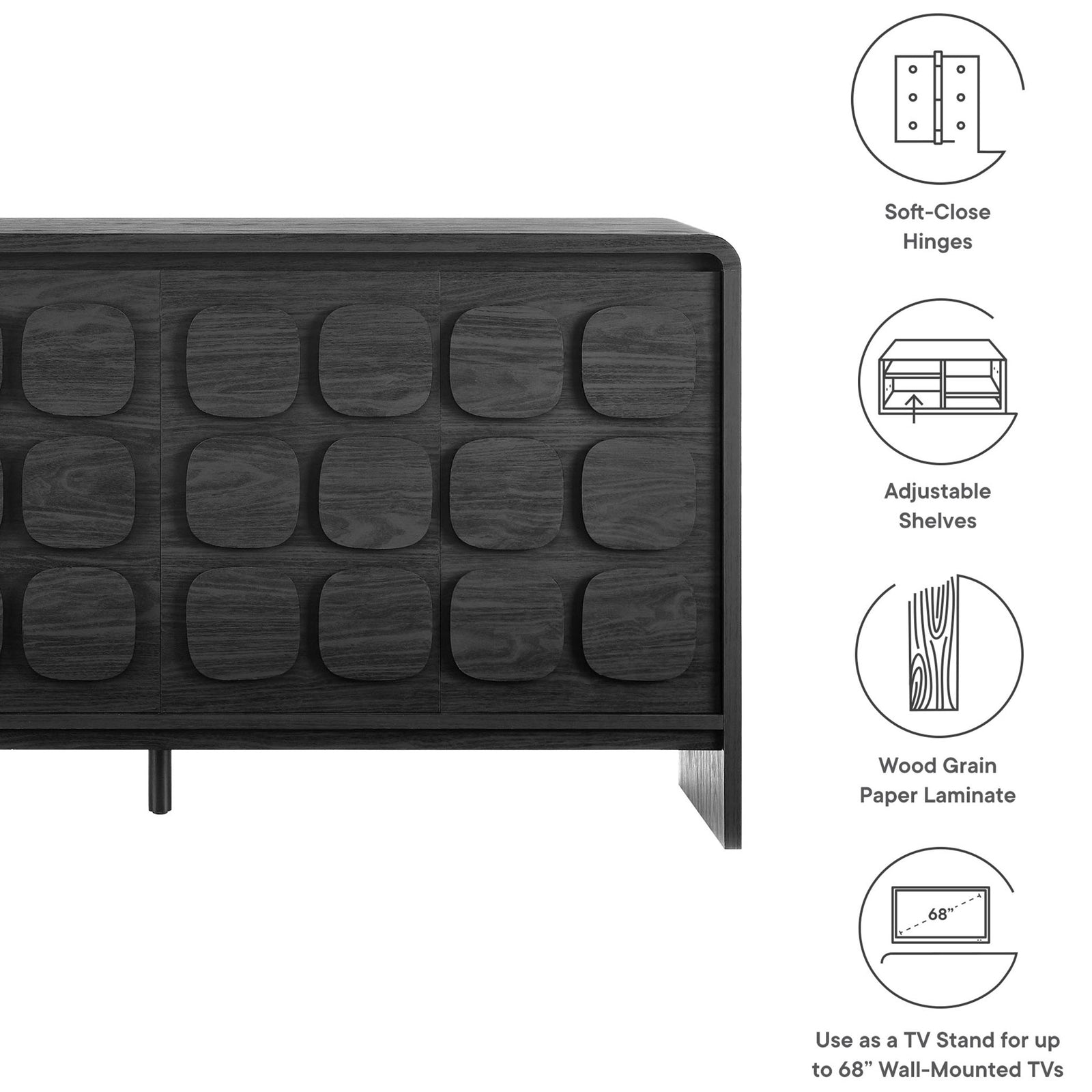 Feature summary of the Toscana black sideboard highlighting soft-close hinges, adjustable shelves, and TV compatibility || EEI-6862-BLK || callout_studio