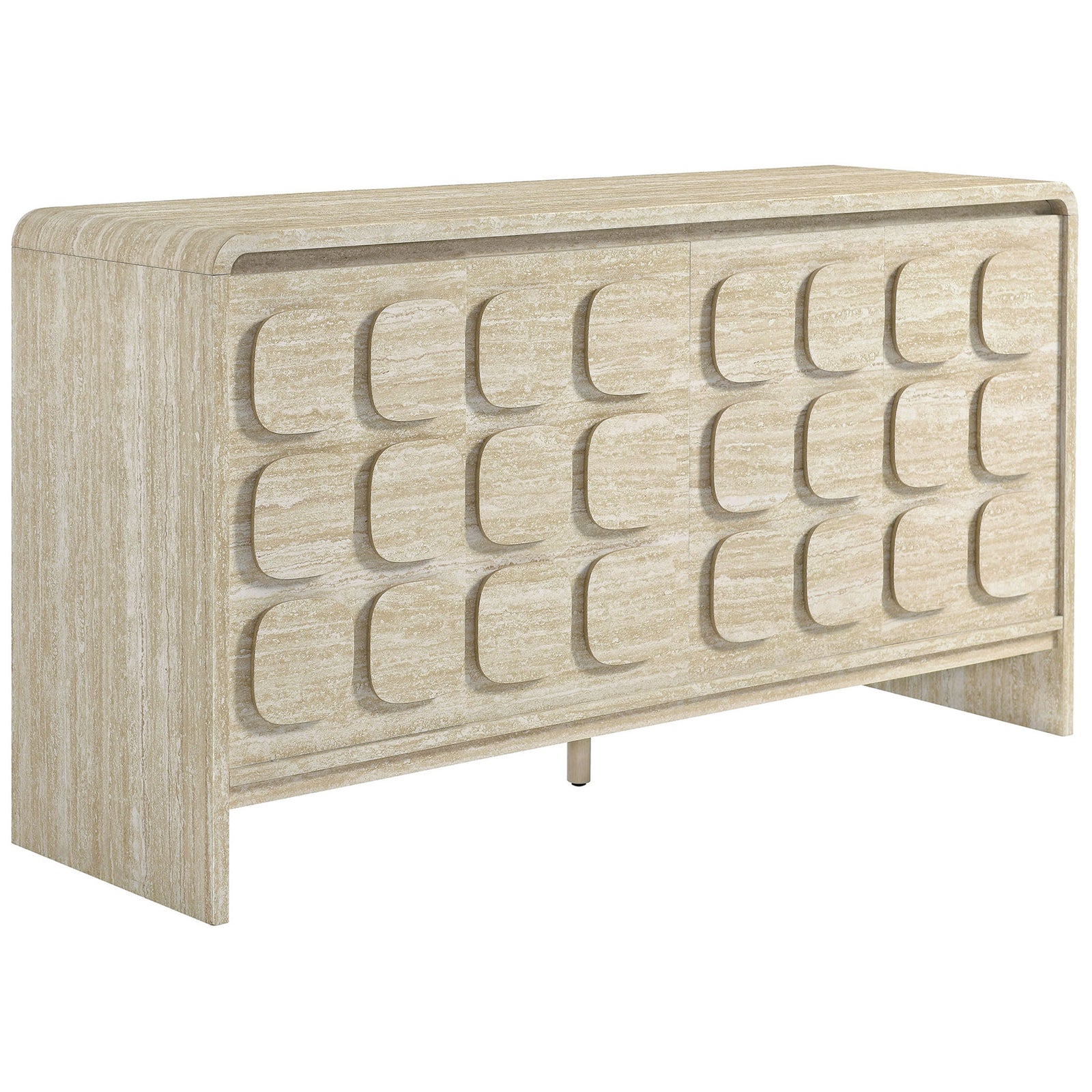 Mid-century inspired sideboard with rounded corners and sculpted travertine-look panels || EEI-6862-TRA || front_angle_studio