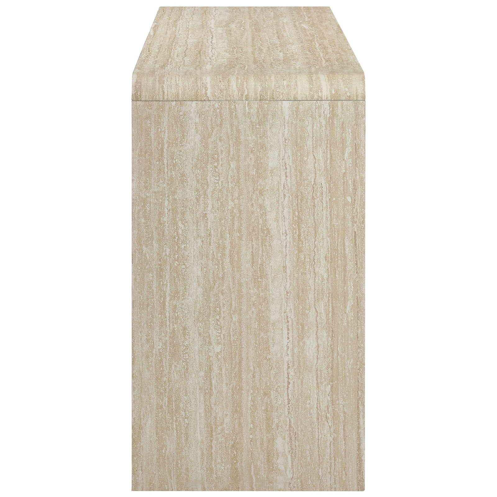 Slim profile view of the travertine-look sideboard highlighting smooth rounded edges || EEI-6862-TRA || side_studio