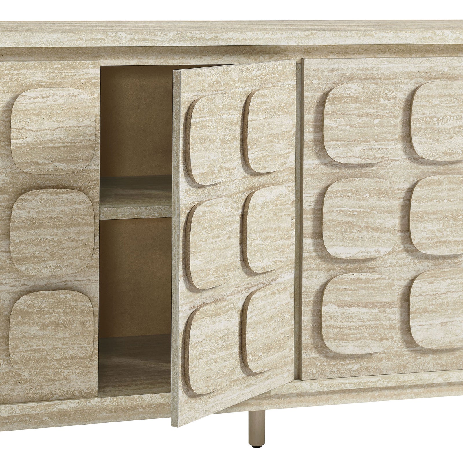 Close-up of cabinet door swinging open to show interior shelving and textured circular panels || EEI-6862-TRA || storage_open_studio