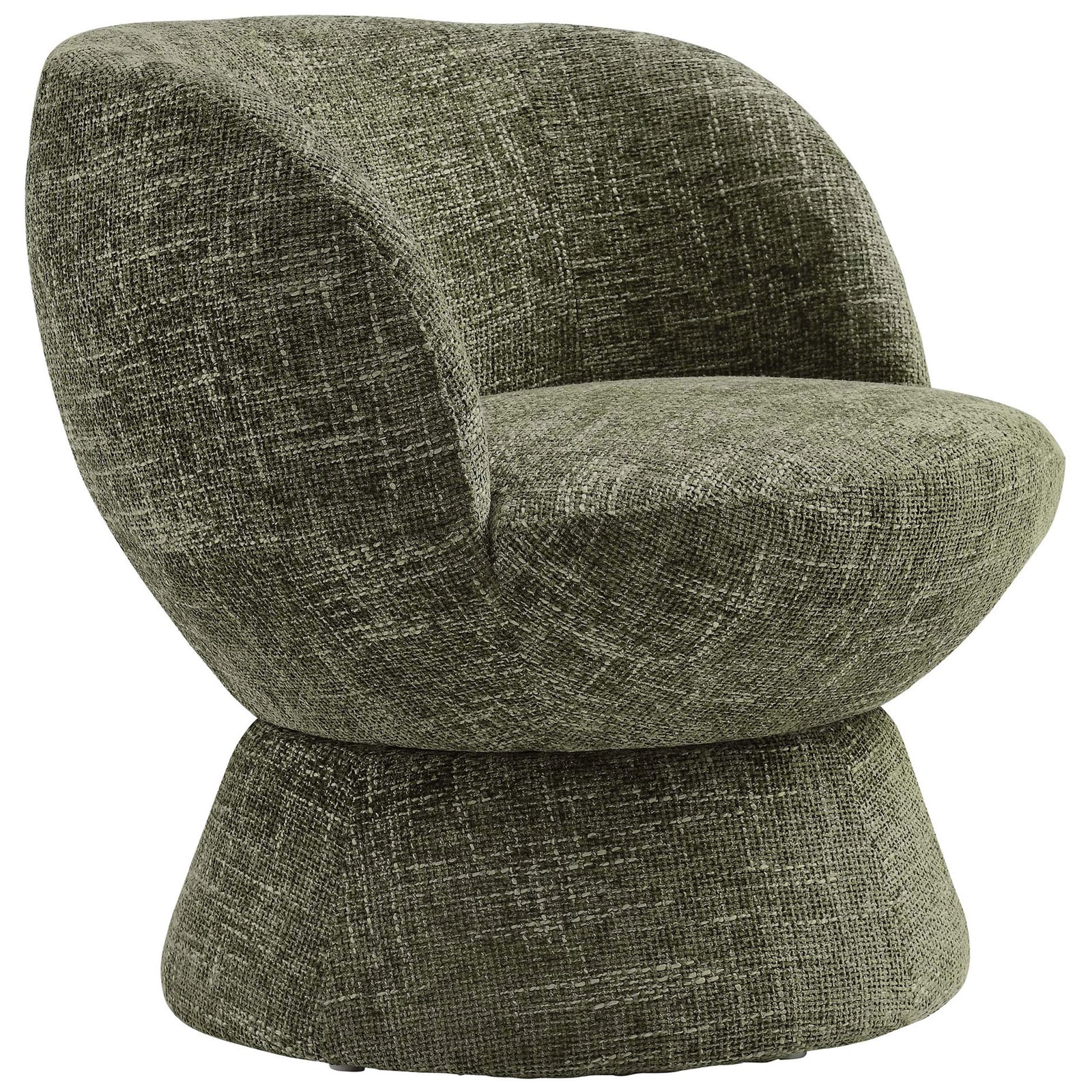 Textured basil chenille showcases the sculpted barrel form and flared swivel pedestal base || EEI-6863-BAS || front_angle_studio