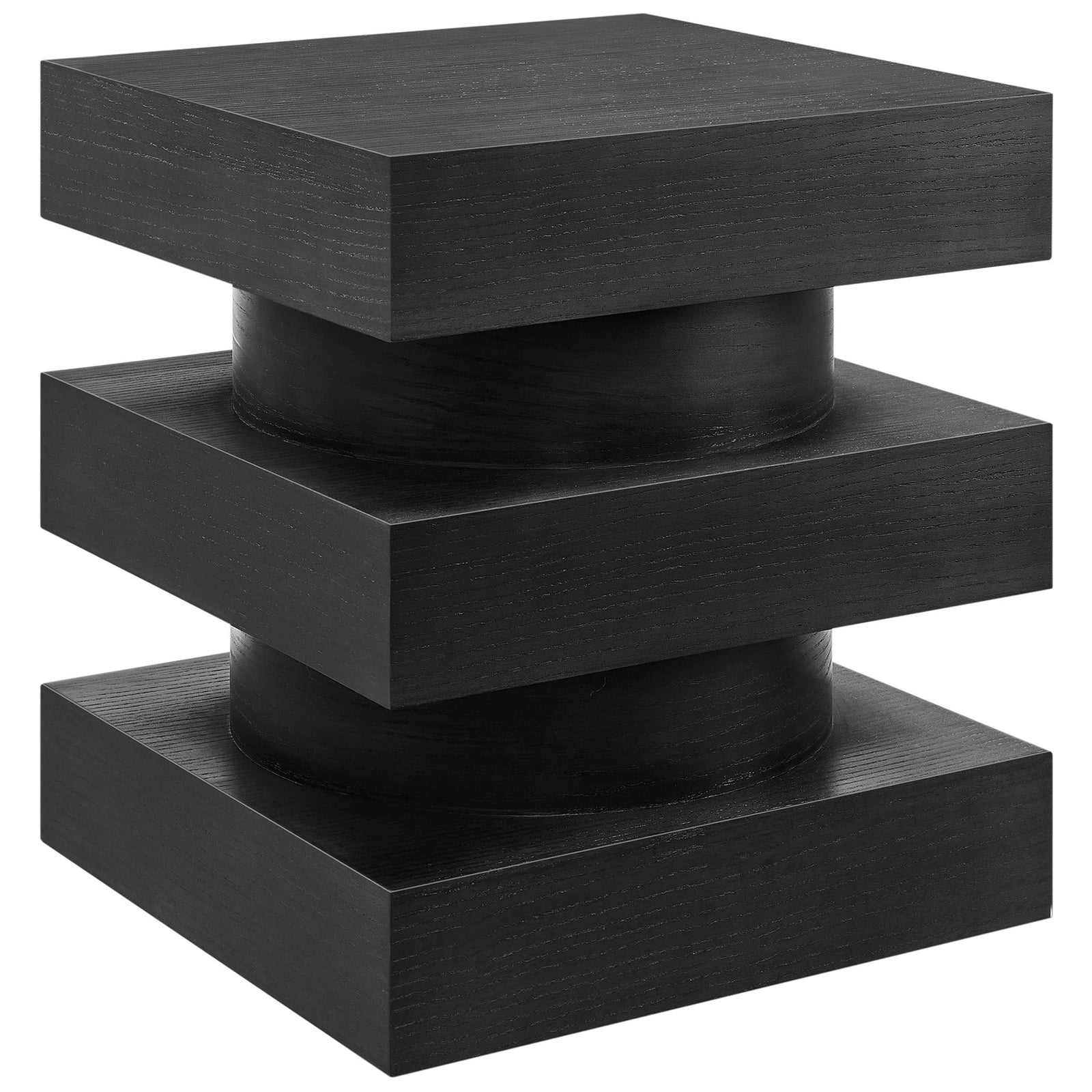 Striking black totem end table with staggered stacked blocks and rounded center column. || EEI-6864-BLK || front_angle_studio