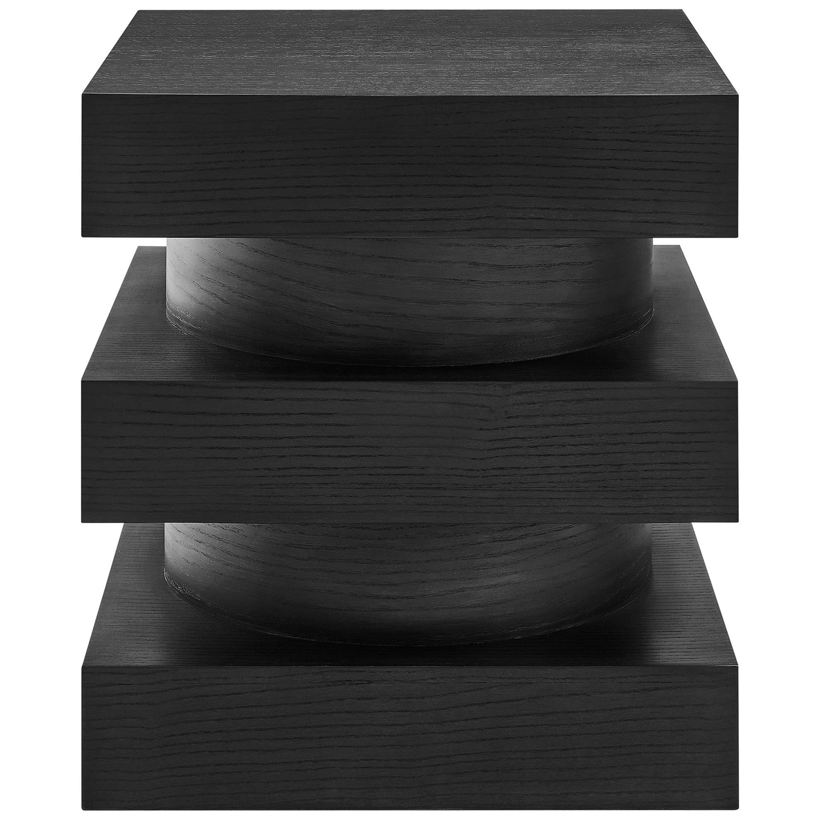 Bold black Perpetuate totem end table with stacked square silhouette and smooth wood grain. || EEI-6864-BLK || front_studio