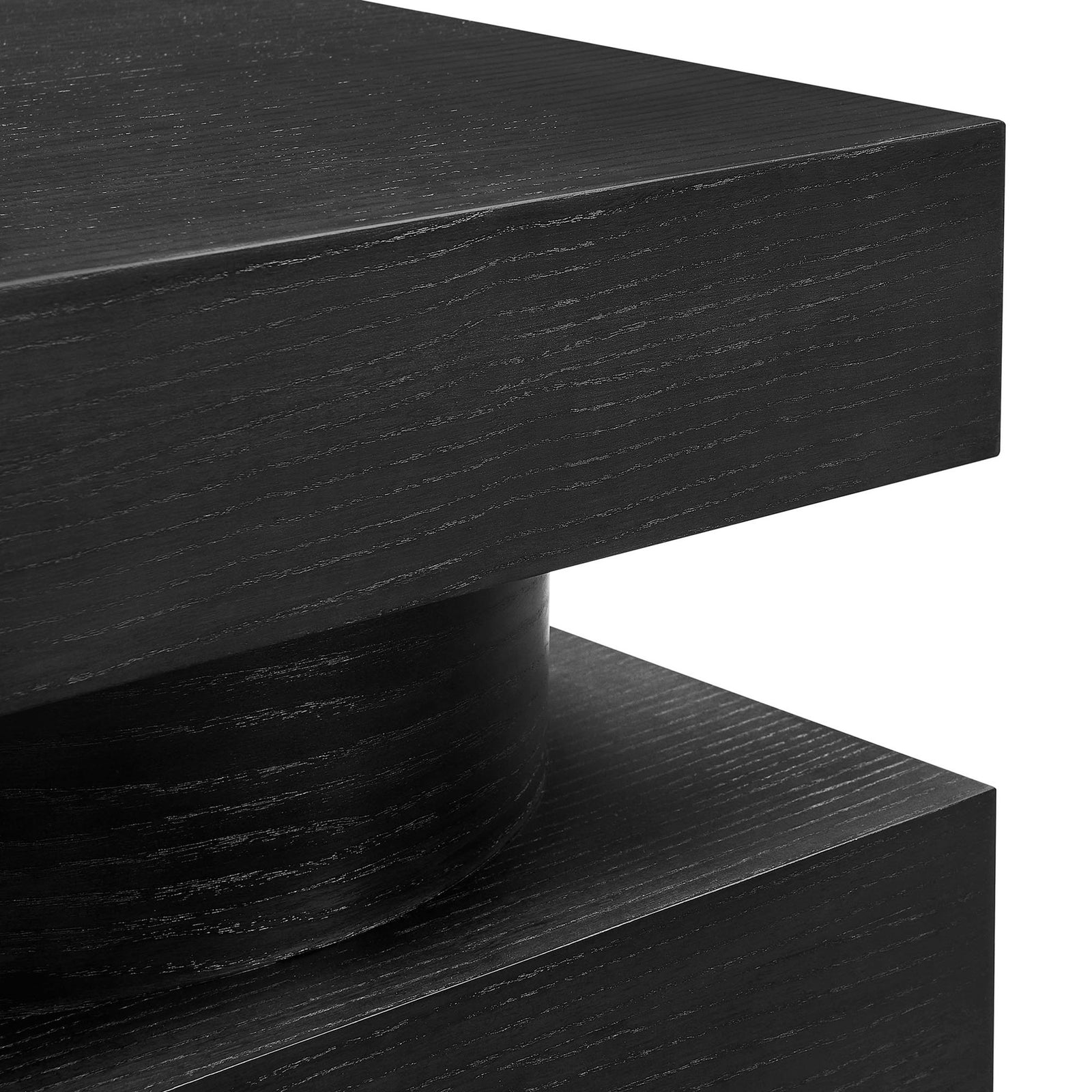The Perpetuate table highlights rich black wood grain and the smooth curved center form. || EEI-6864-BLK || detail_studio