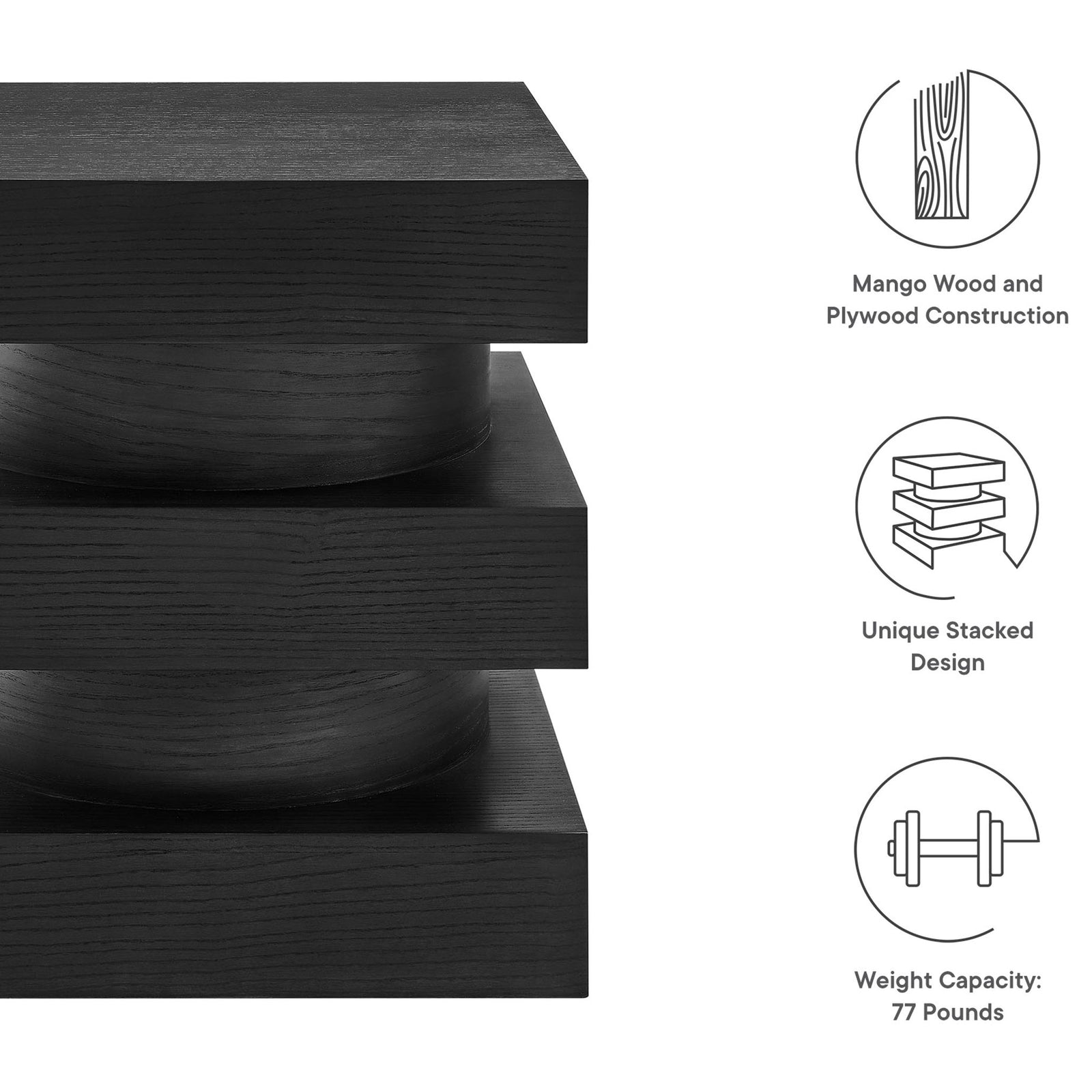 Feature graphic of the black Perpetuate end table with icons for wood build, stacked shape, and strength. || EEI-6864-BLK || callout_studio