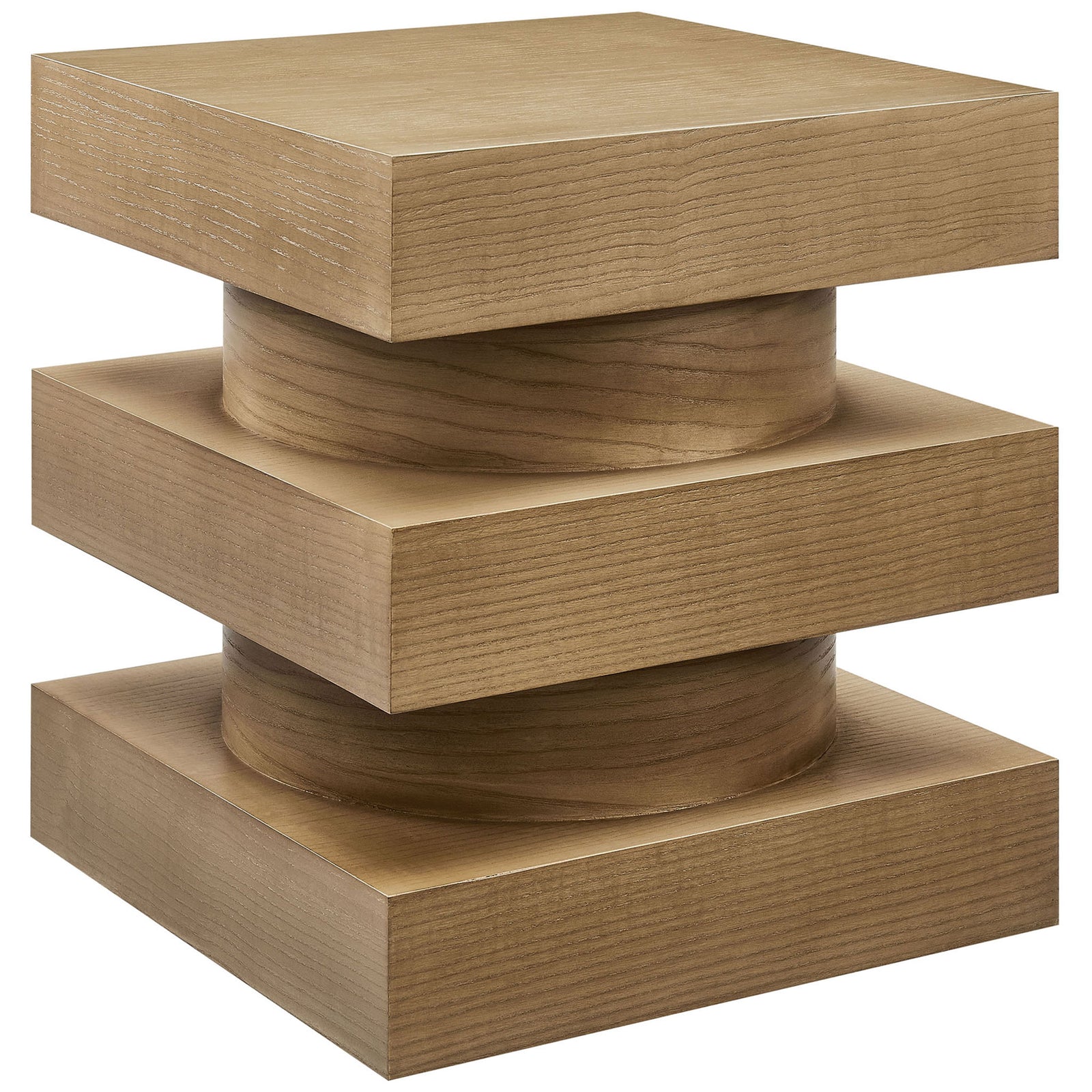 Totem end table with stacked square tiers in a warm caramel ash wood finish || EEI-6864-CAS || front_angle_studio