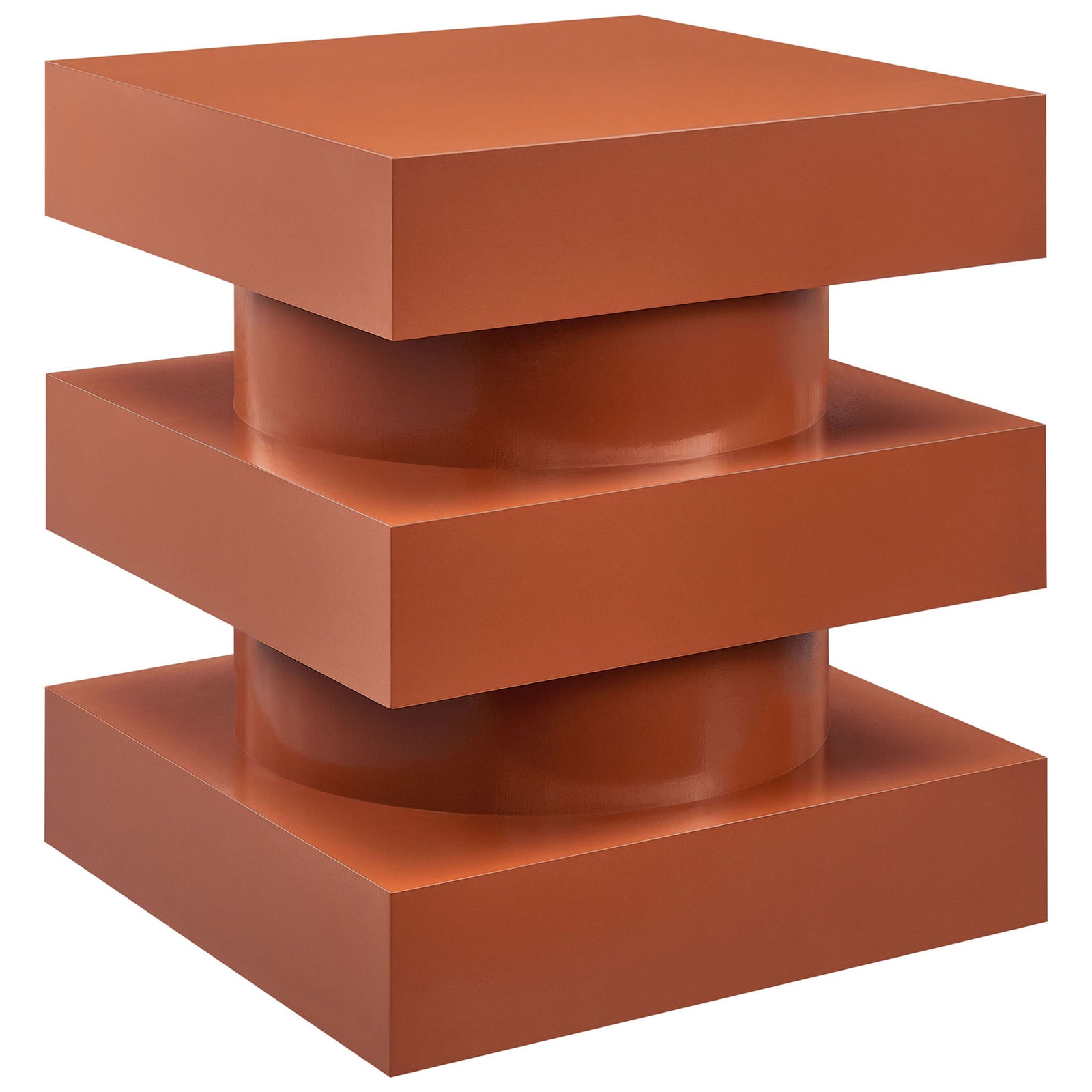 Art deco inspired cayenne side table showcasing its tiered stacked design and solid, blocky profile. || EEI-6864-CAY || front_angle_studio