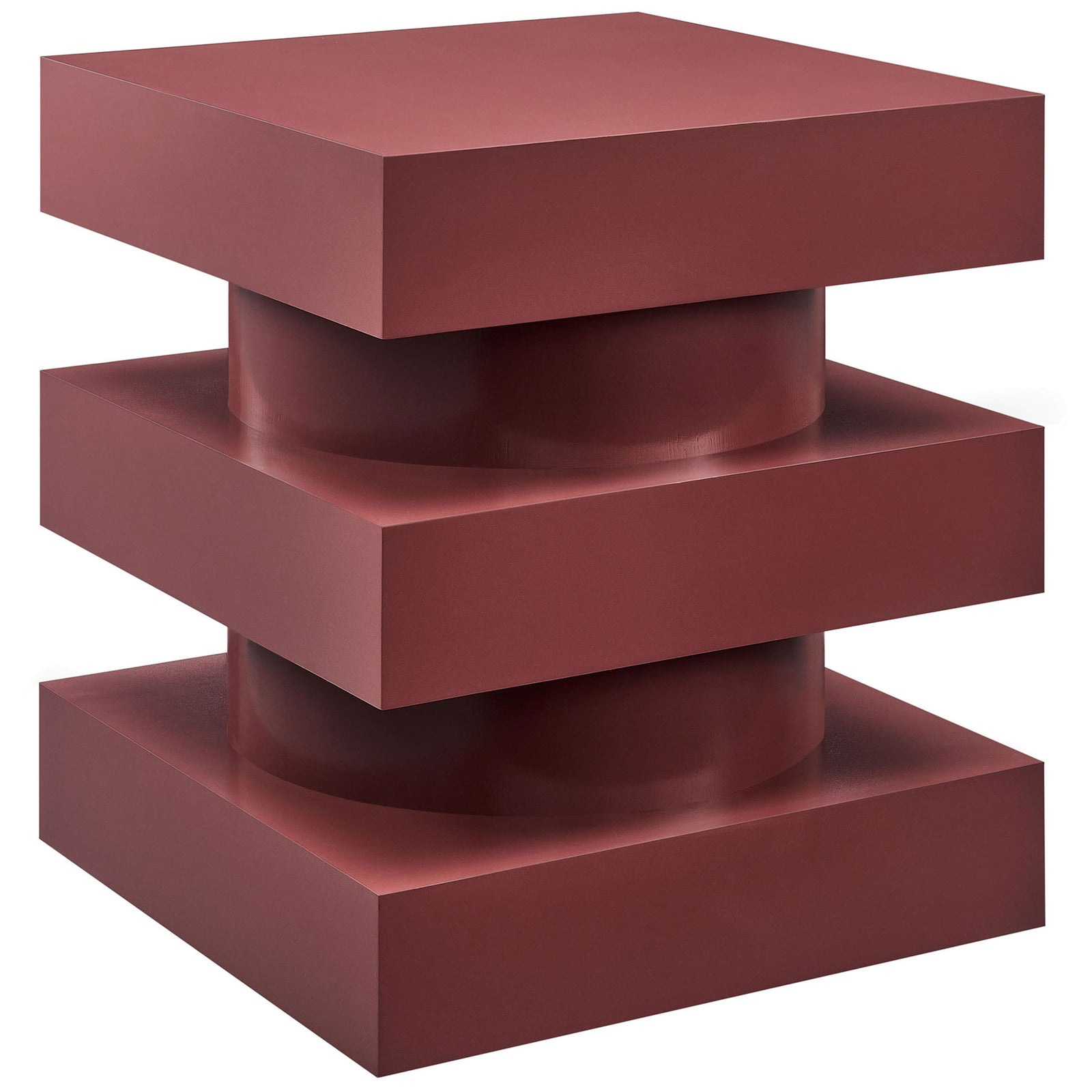 Modern sculptural side table with offset stacked blocks and rounded center column in spiced apple || EEI-6864-SPA || front_angle_studio