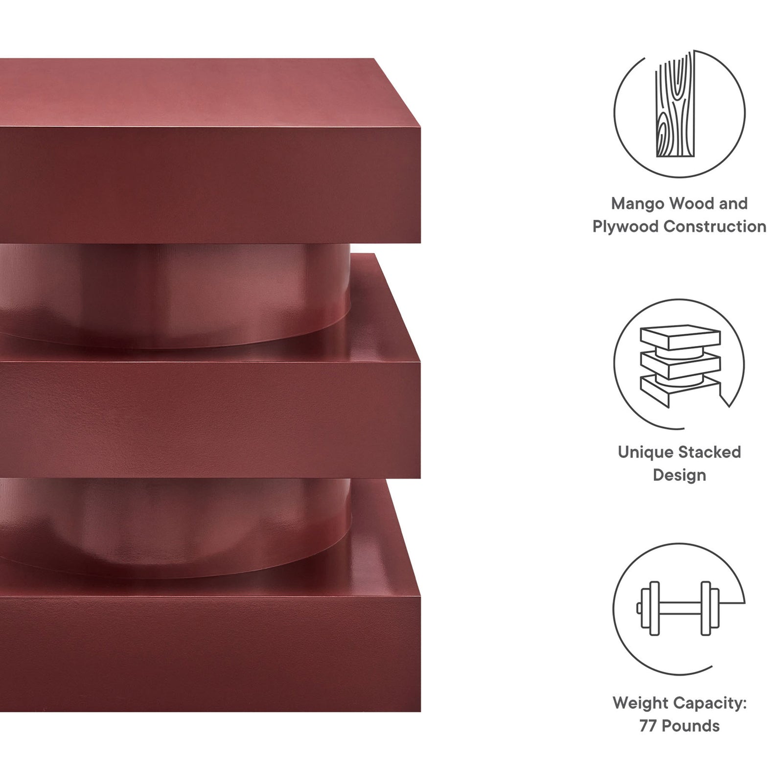 Feature callouts highlight mango wood construction, unique stacked design, and 77 lb weight capacity || EEI-6864-SPA || callout_studio
