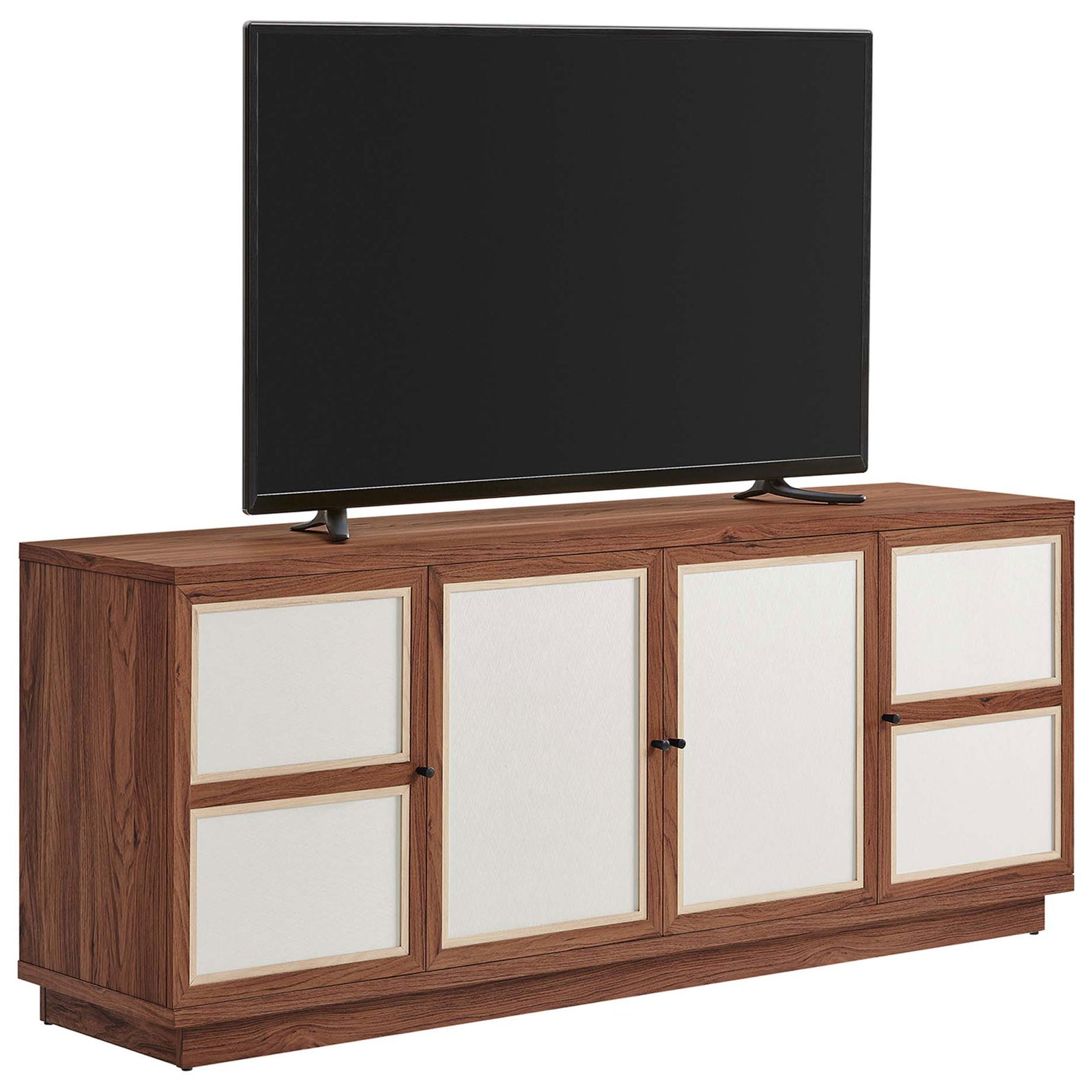 Walnut TV stand styling a large flat-screen display while concealing devices and accessories behind textured doors || EEI-6865-WAL || front_angle_studio