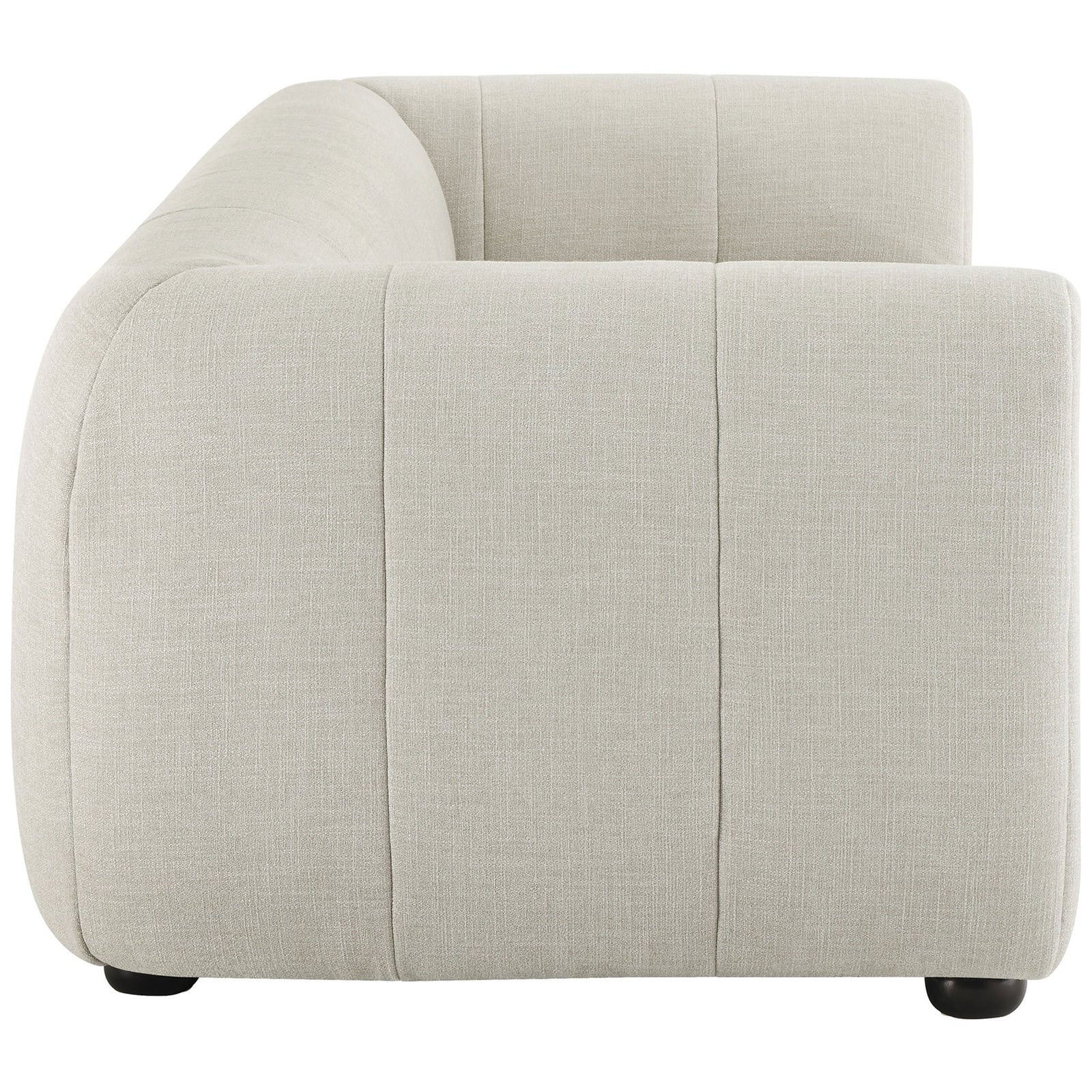 Rounded arm and thickly padded silhouette showcases the sofas cozy sculpted design in linen upholstery || EEI-6866-LIN || side_studio