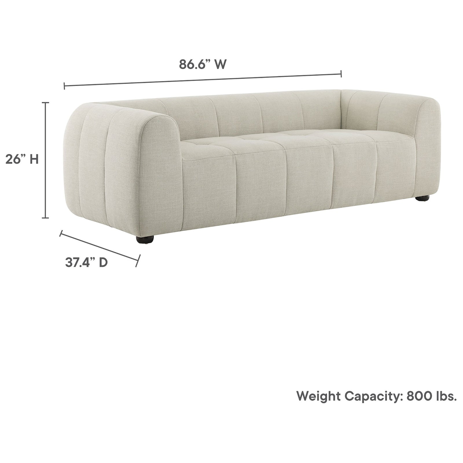 Dimension guide showing the linen sofa measuring 86.6 inches wide, 37.4 inches deep, and 26 inches high || EEI-6866-LIN || dimension_studio