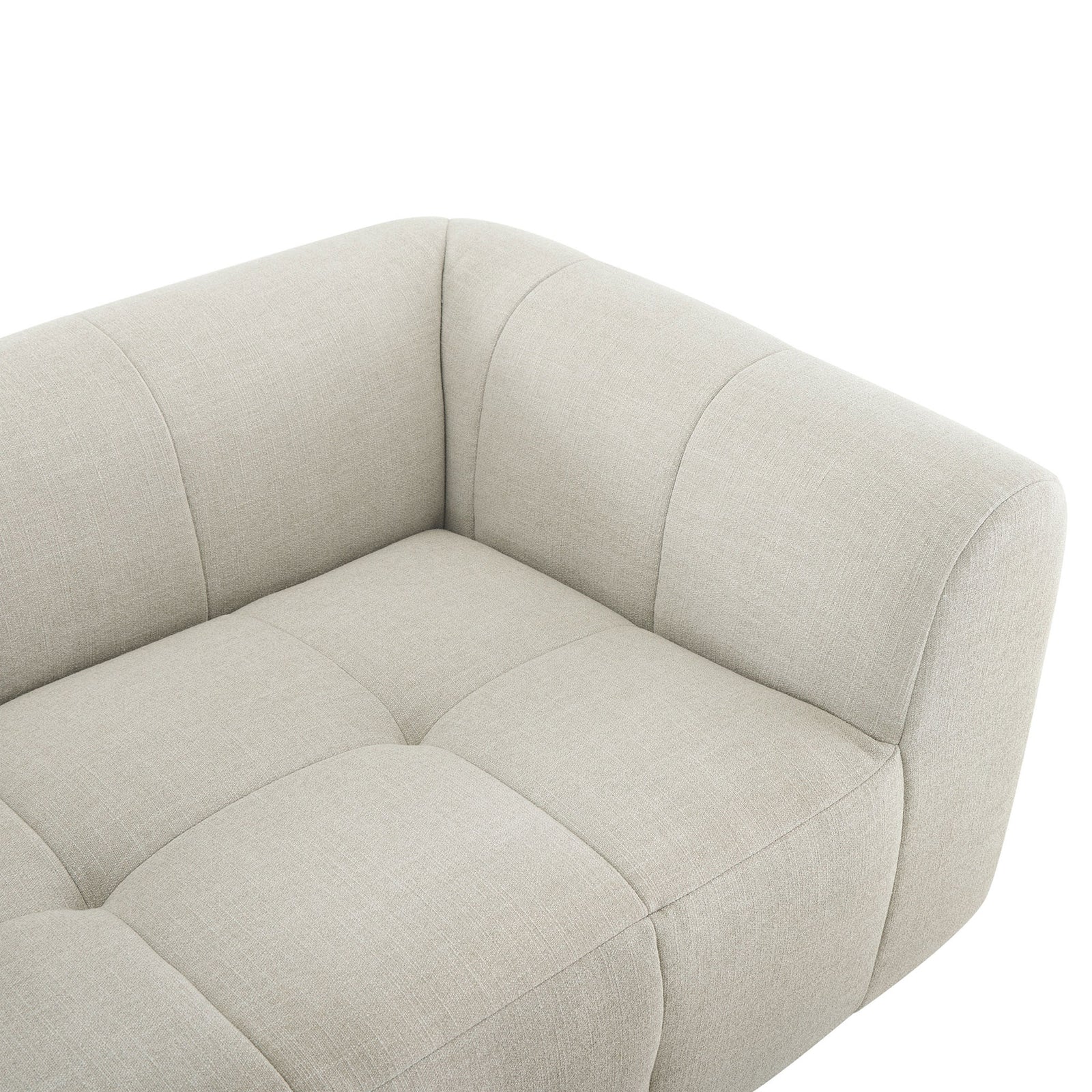 Close detail of linen upholstery with grid tufting and plush cushioning on the loveseat corner || EEI-6867-LIN || detail_studio