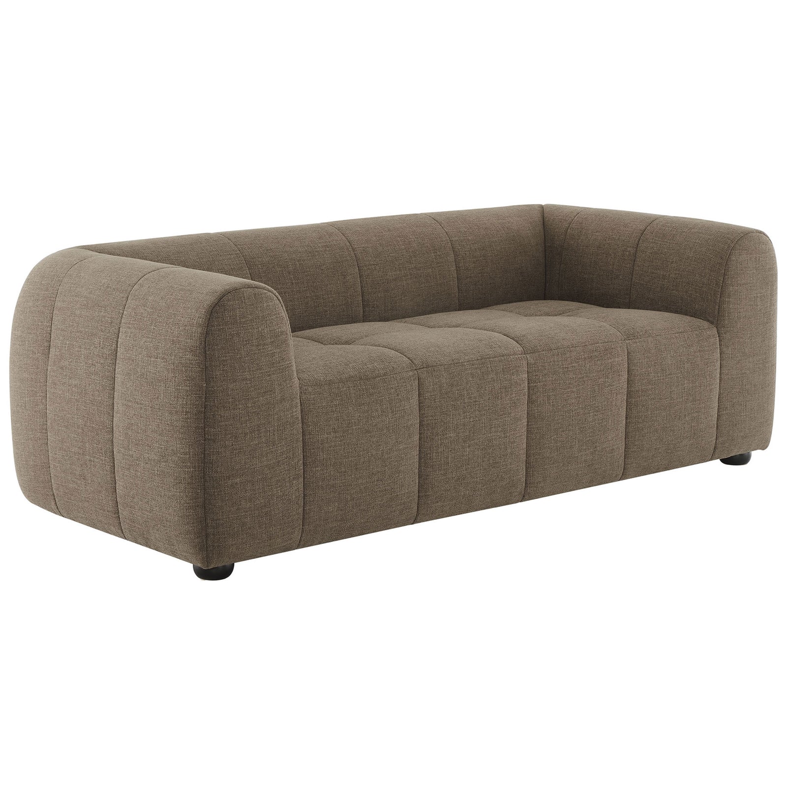 Curvaceous mocha fabric loveseat with low, lounge-style seat and plush grid-tufted cushions || EEI-6867-MOC || front_angle_studio