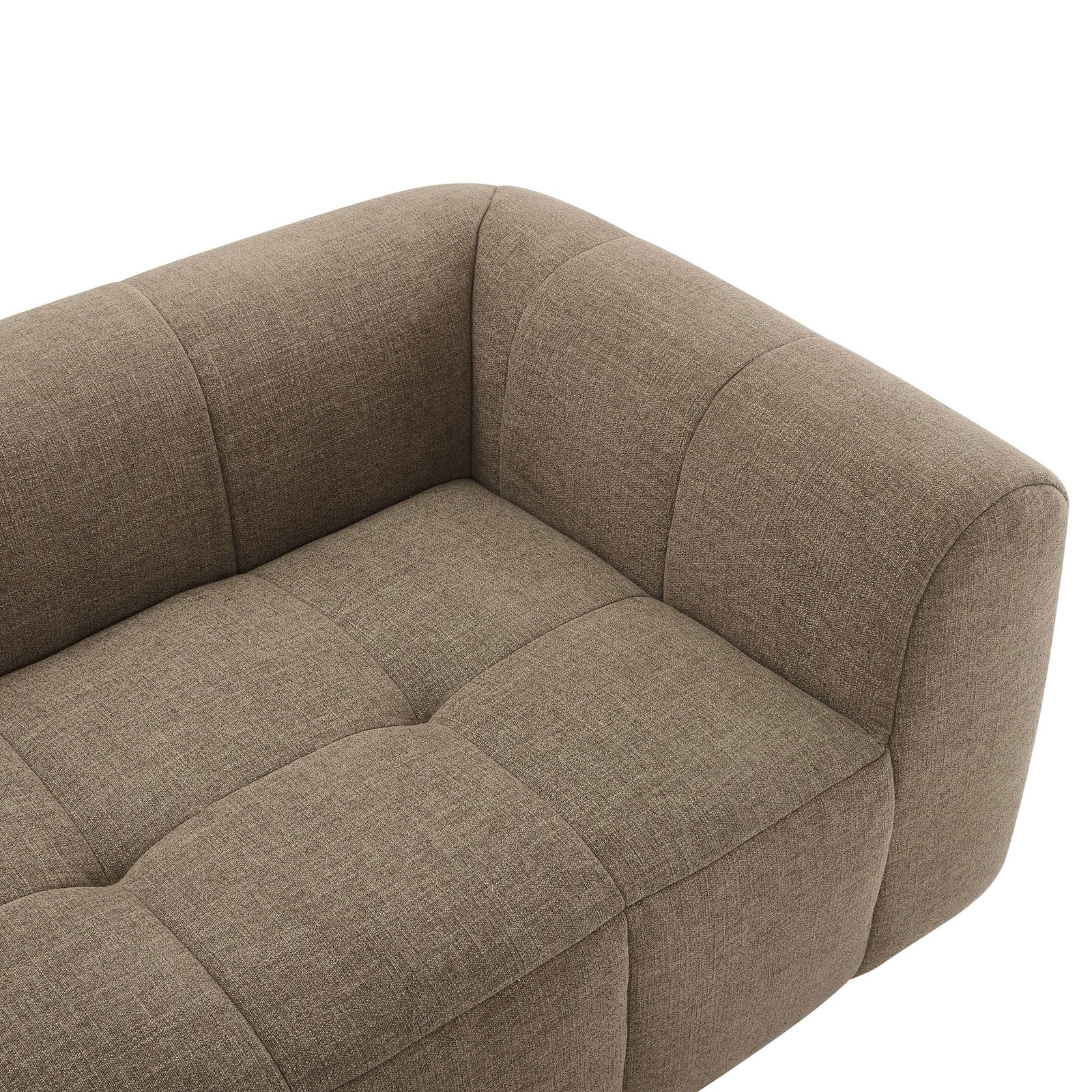 Fabric seat and arm detail highlighting soft texture and stitched grid tufting on the mocha loveseat || EEI-6867-MOC || detail_studio
