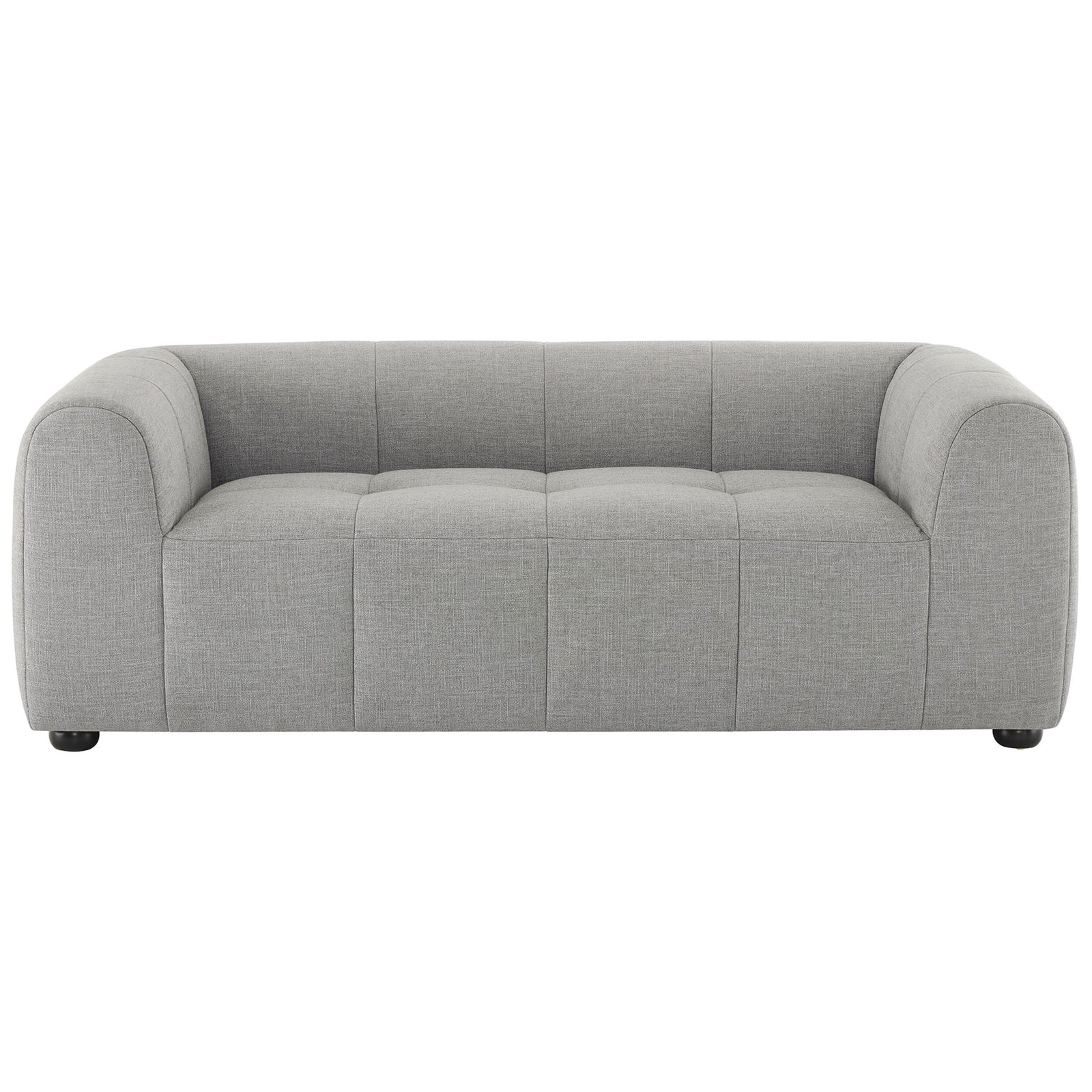 Pewter gray fabric loveseat with deep seat, plush grid tufting, and rounded track arms on wood bun feet || EEI-6867-PEW || front_studio