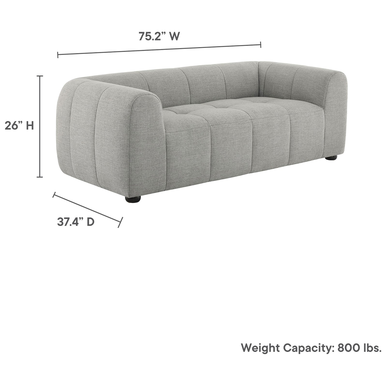 Compact deep-seat pewter loveseat sized for modern spaces with wide 75 inch frame and sturdy 800 pound weight capacity || EEI-6867-PEW || dimension_studio