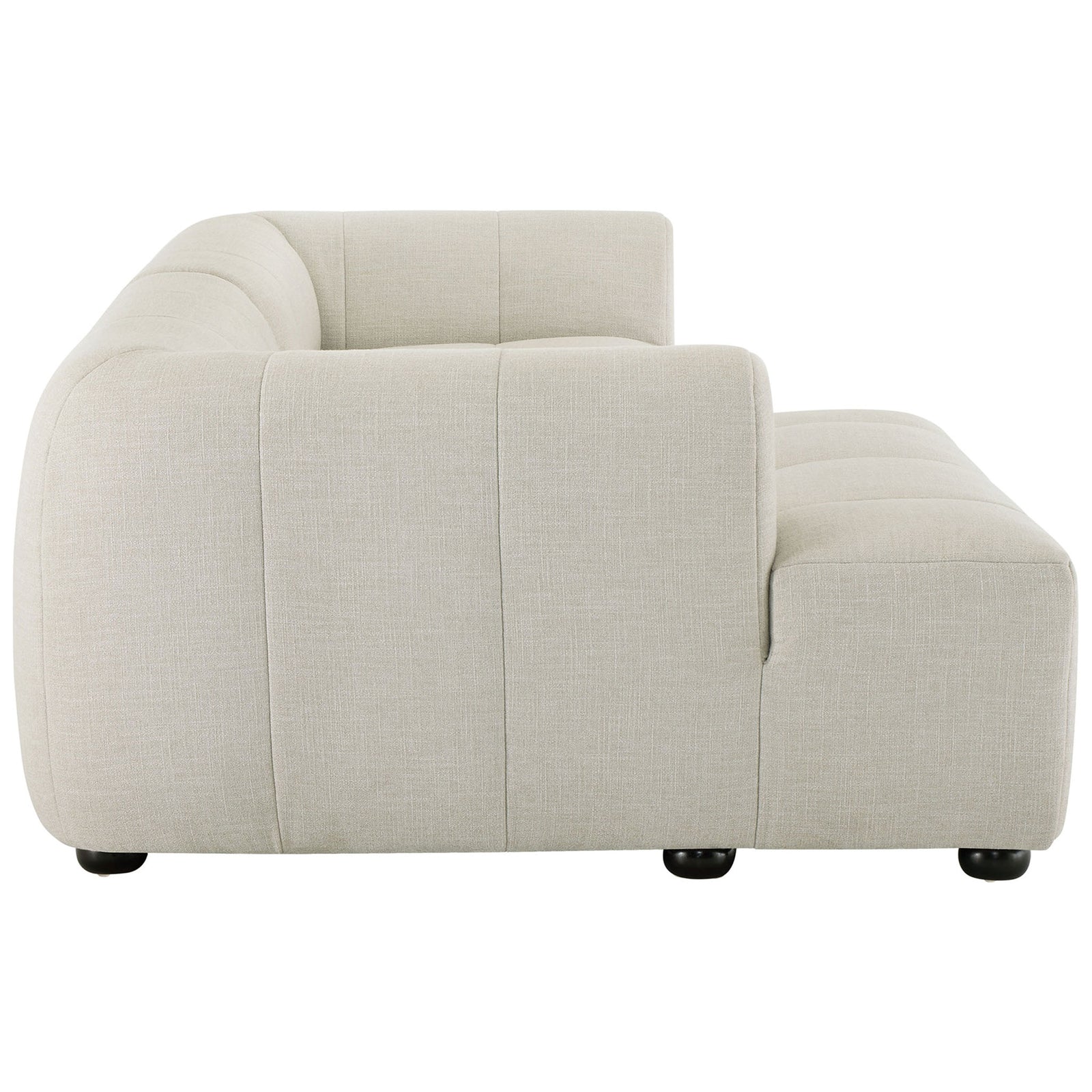 Left-facing linen modular sofa with chaise showing the smooth, rounded silhouette and panel stitching || EEI-6868-LIN || side_studio