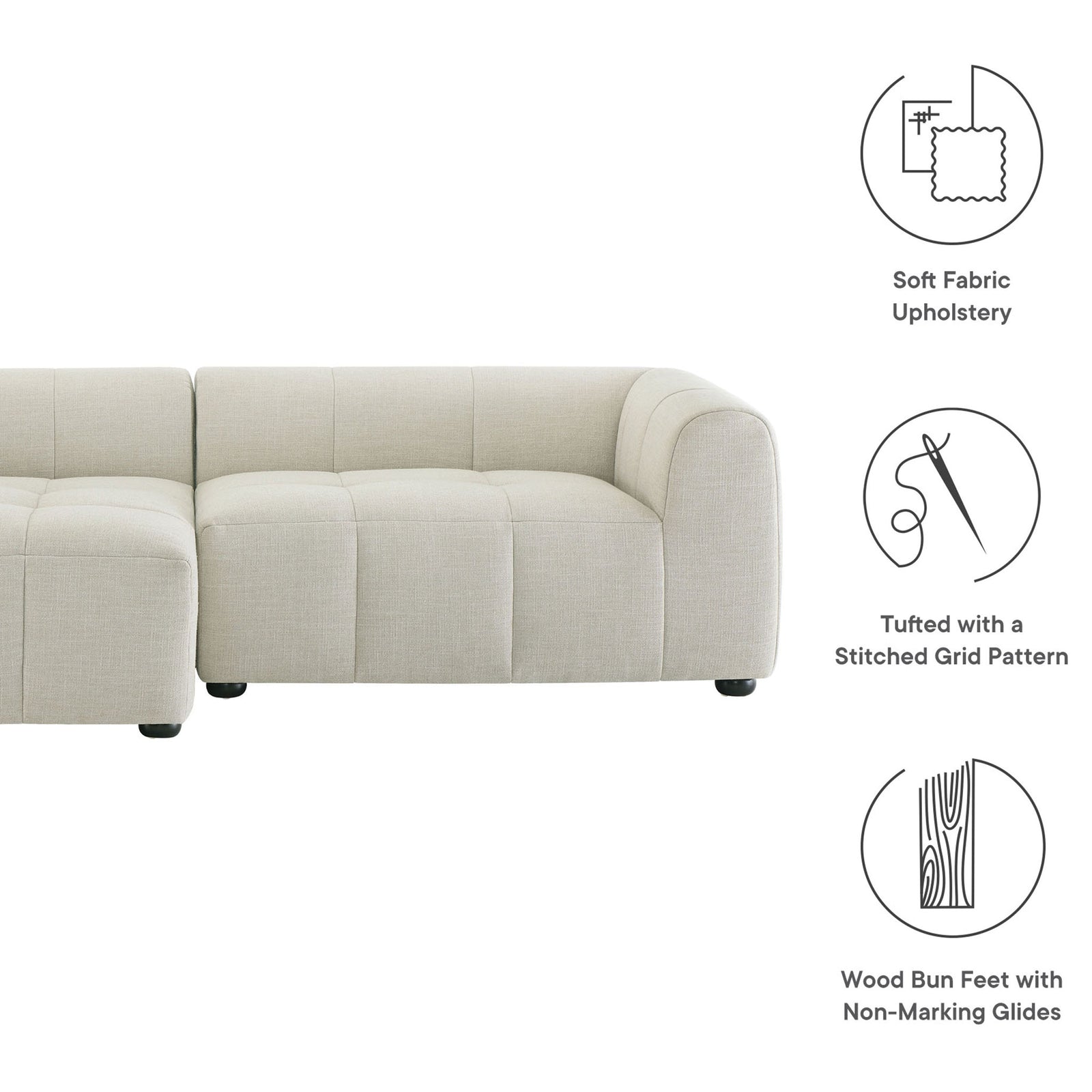 Left-facing linen modular sofa with chaise with soft fabric upholstery, grid tufting, and wood bun feet || EEI-6868-LIN || callout_studio