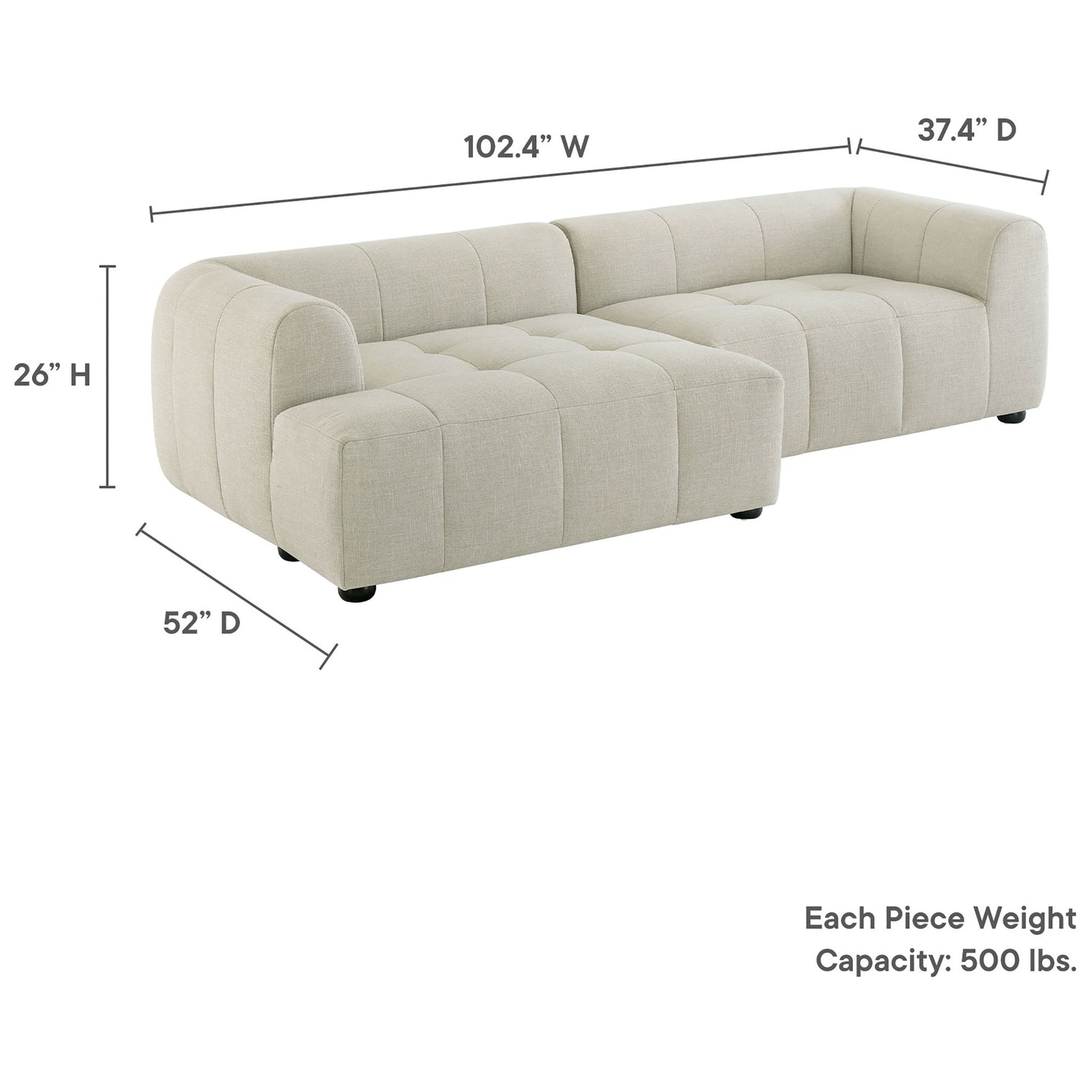 Left-facing linen chaise sectional with overall dimensions and 500 lb per seat weight capacity labeled || EEI-6868-LIN || dimension_studio