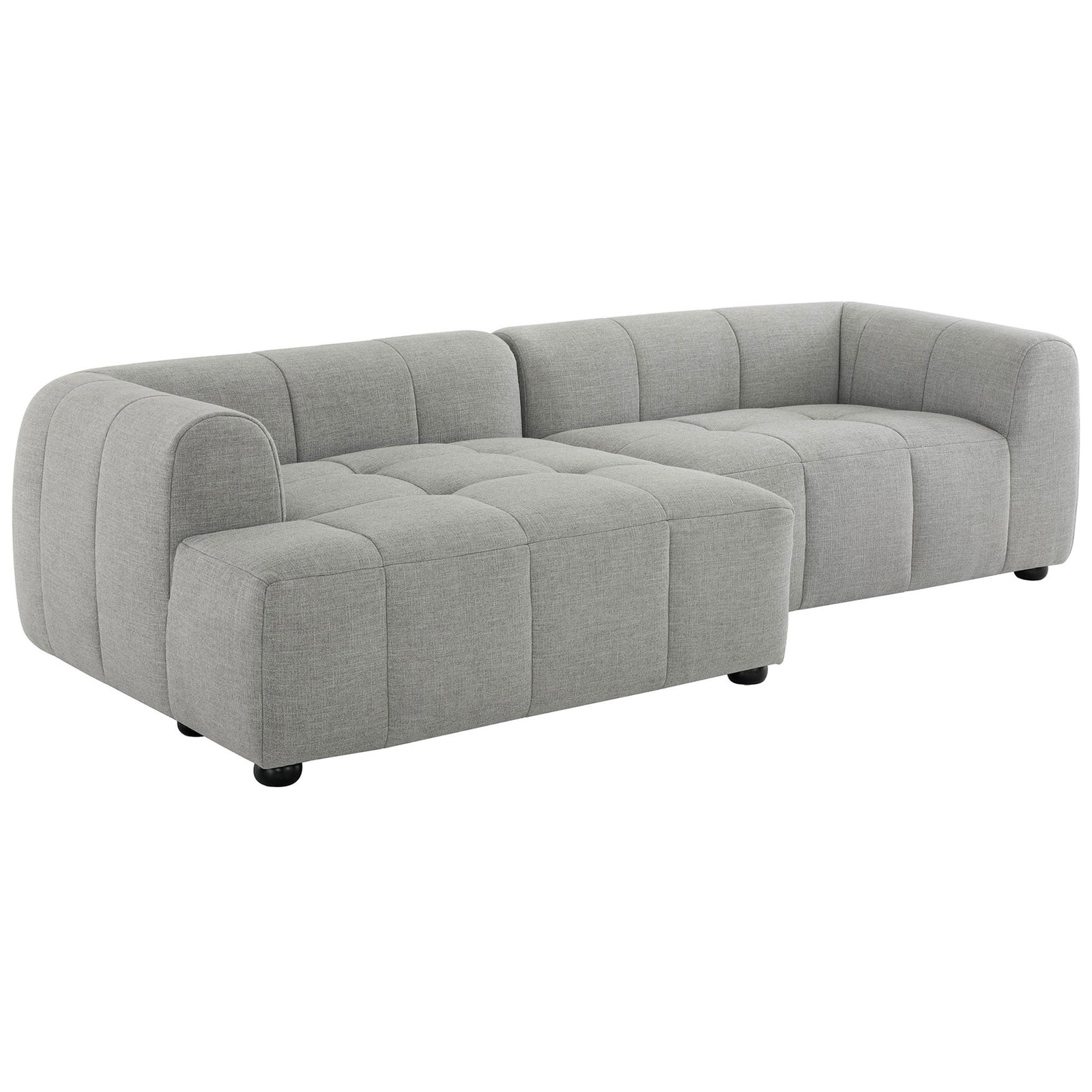 Liana left-facing pewter modular sofa with chaise and grid-tufted cushions. || EEI-6868-PEW || front_angle_studio