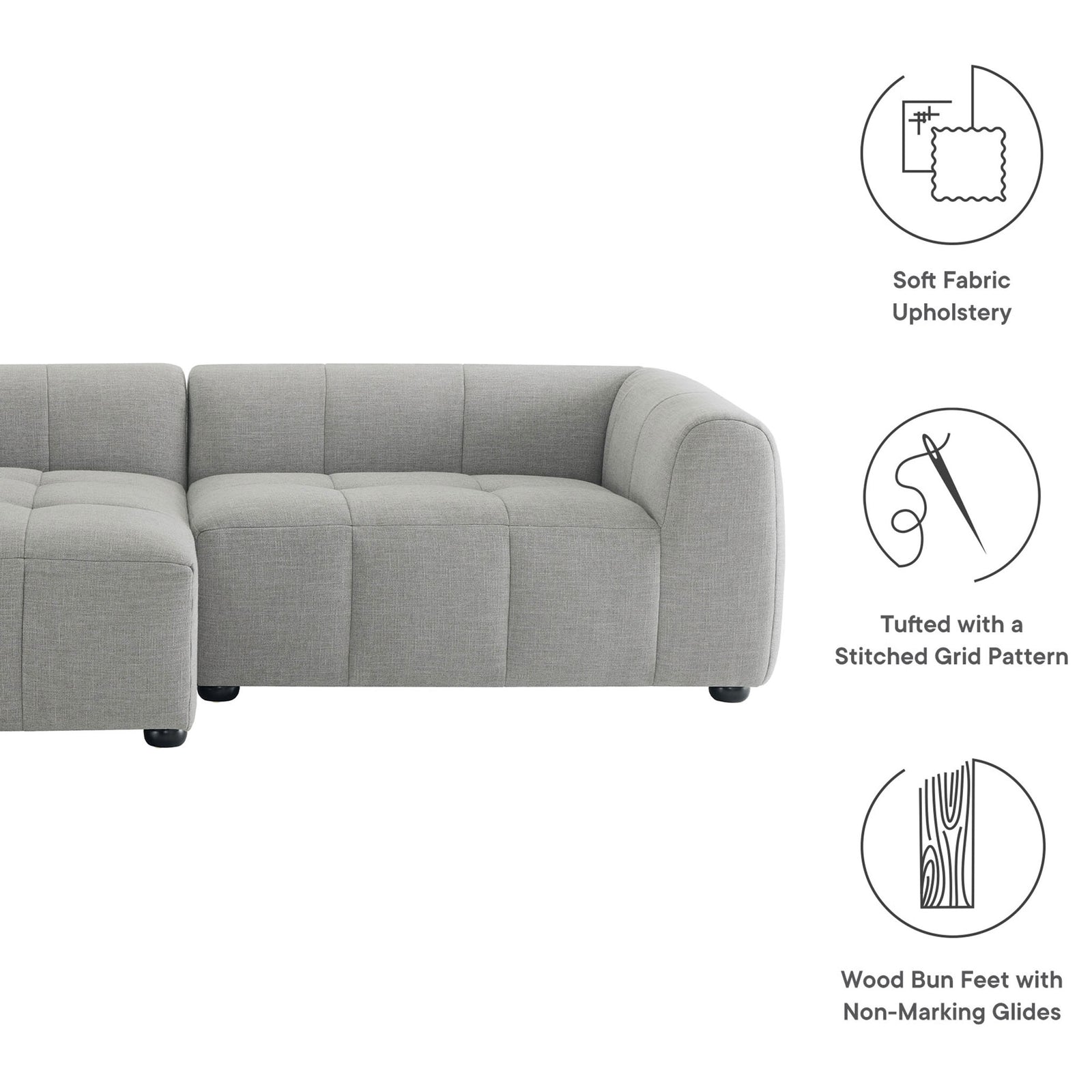 Feature graphic showing Liana left-facing sofa with icons for soft upholstery, tufting, and wood feet. || EEI-6868-PEW || callout_studio