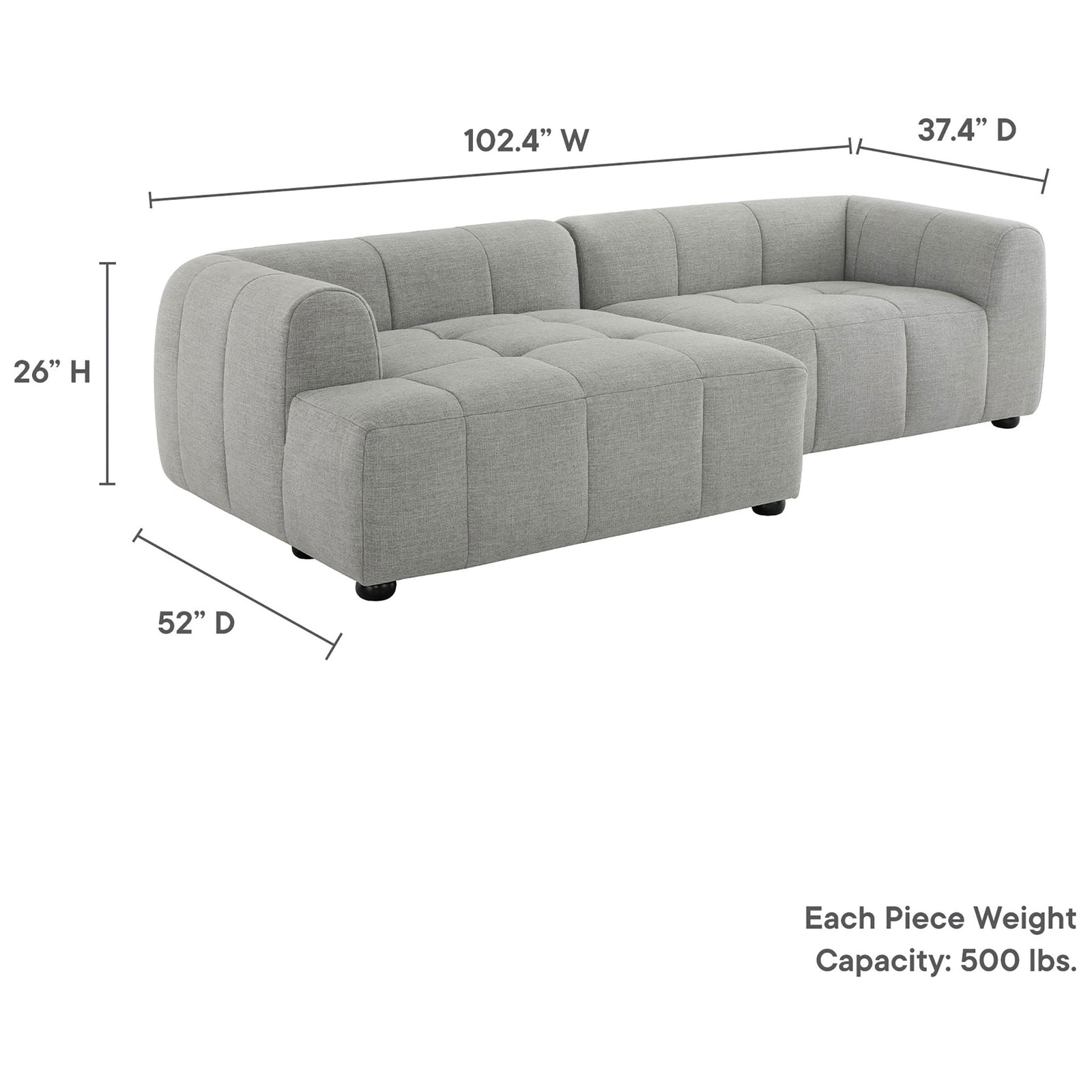 Dimension graphic for the Liana left-facing chaise sectional with overall width, depth, height, and weight capacity. || EEI-6868-PEW || dimension_studio
