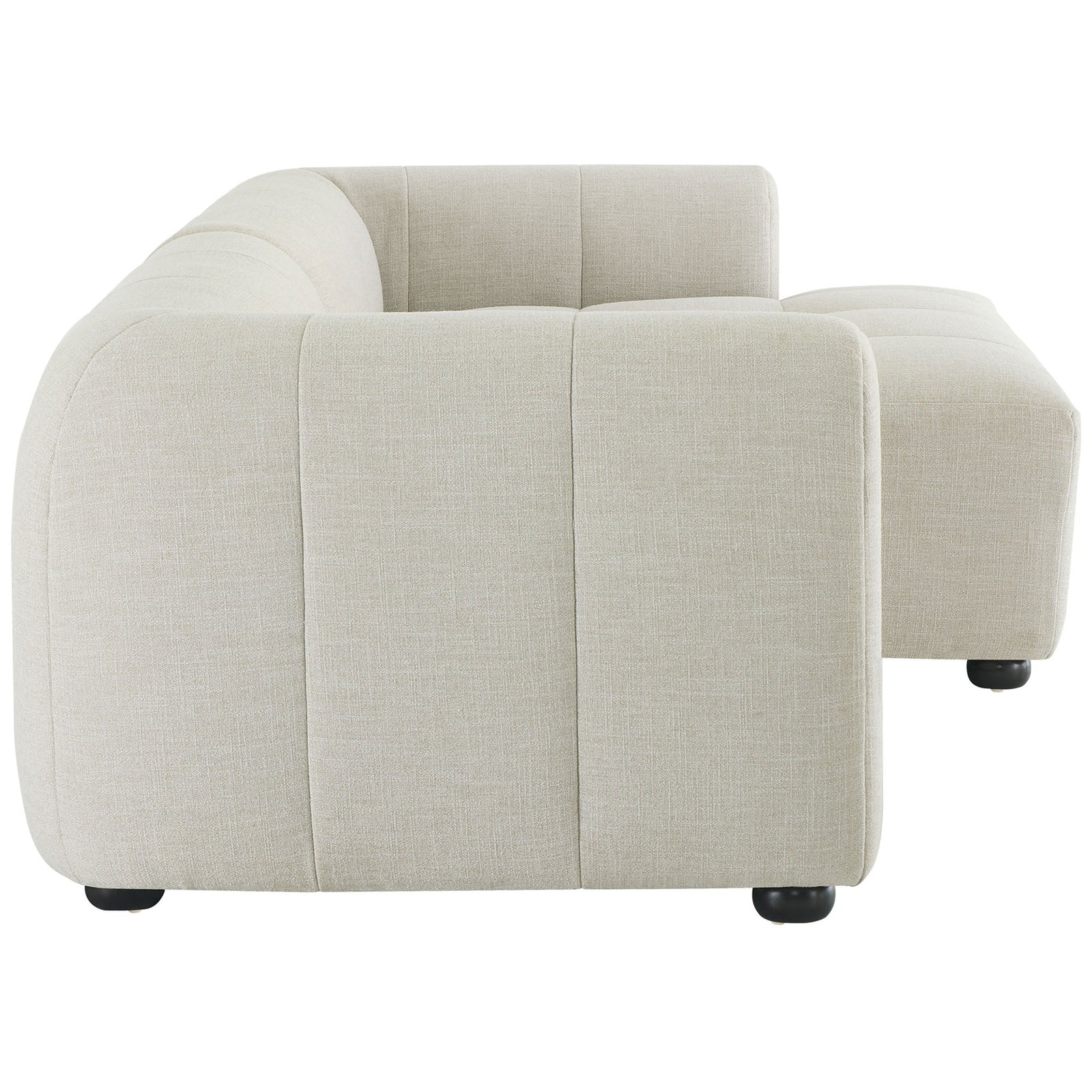 Right-facing linen modular sofa with chaise emphasizing the smooth, rounded arms and tailored panels || EEI-6869-LIN || side_studio