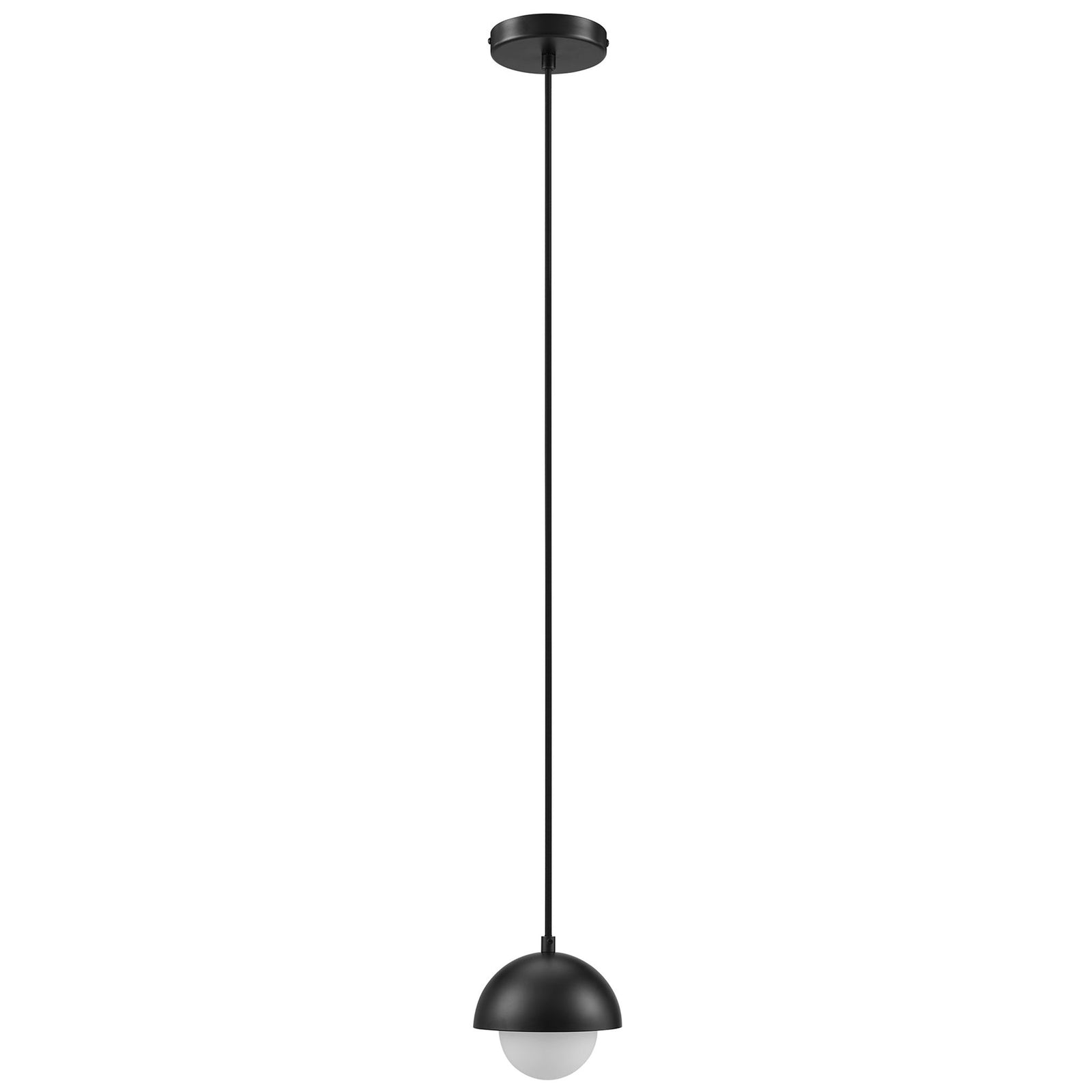 Sleek black dome pendant with opal glass globe and extra-long adjustable cord for modern ceilings || EEI-6870-BLK || front_studio
