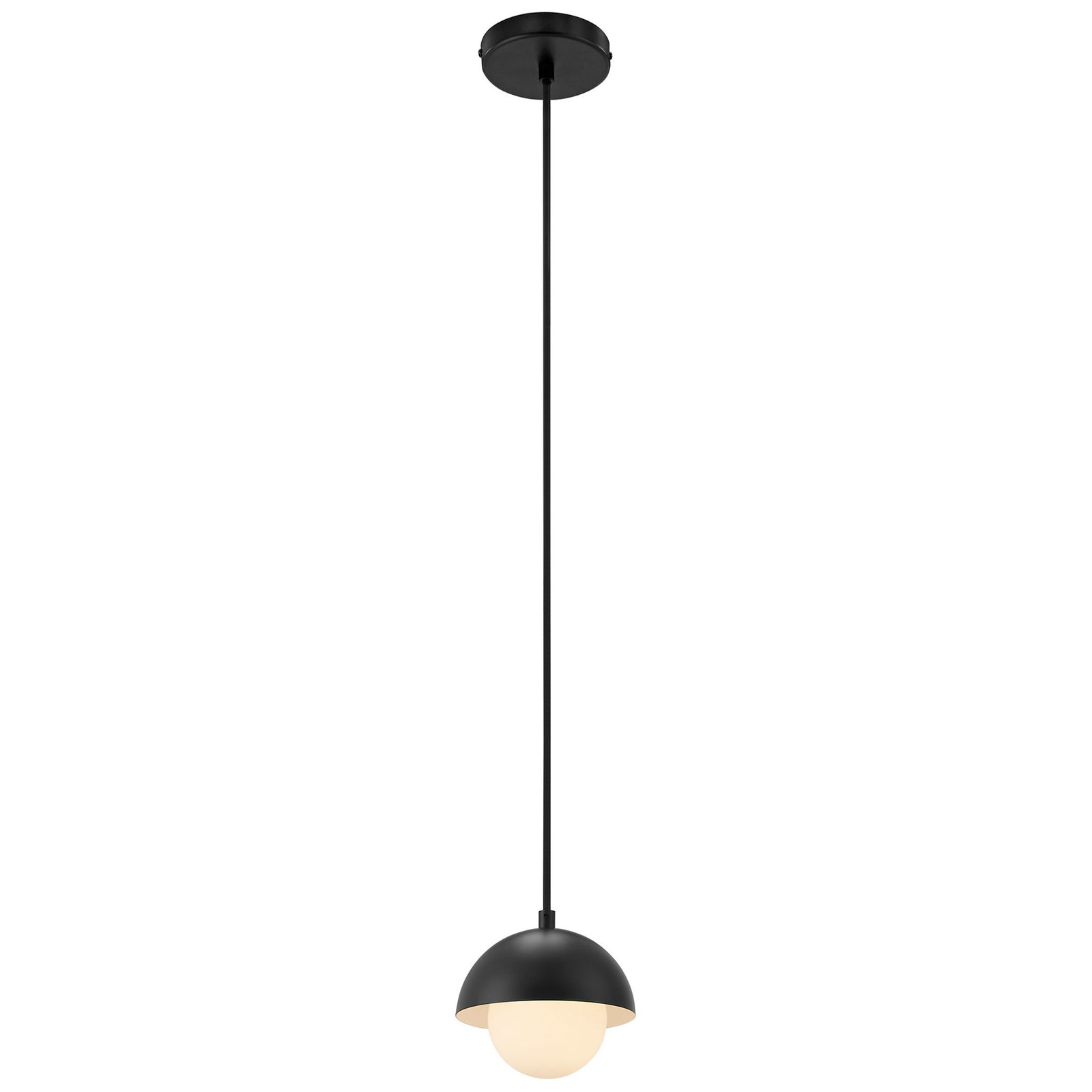 Black dome pendant with glowing opal glass globe casting a warm, diffused light for inviting ambiance || EEI-6870-BLK || front_on_studio
